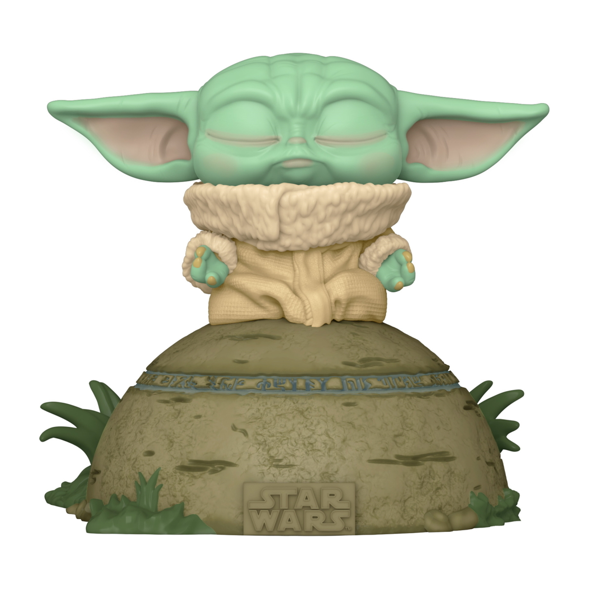 Figura di Baby Yoda in posa meditativa. Seduto su base di pietra con logo Star Wars.