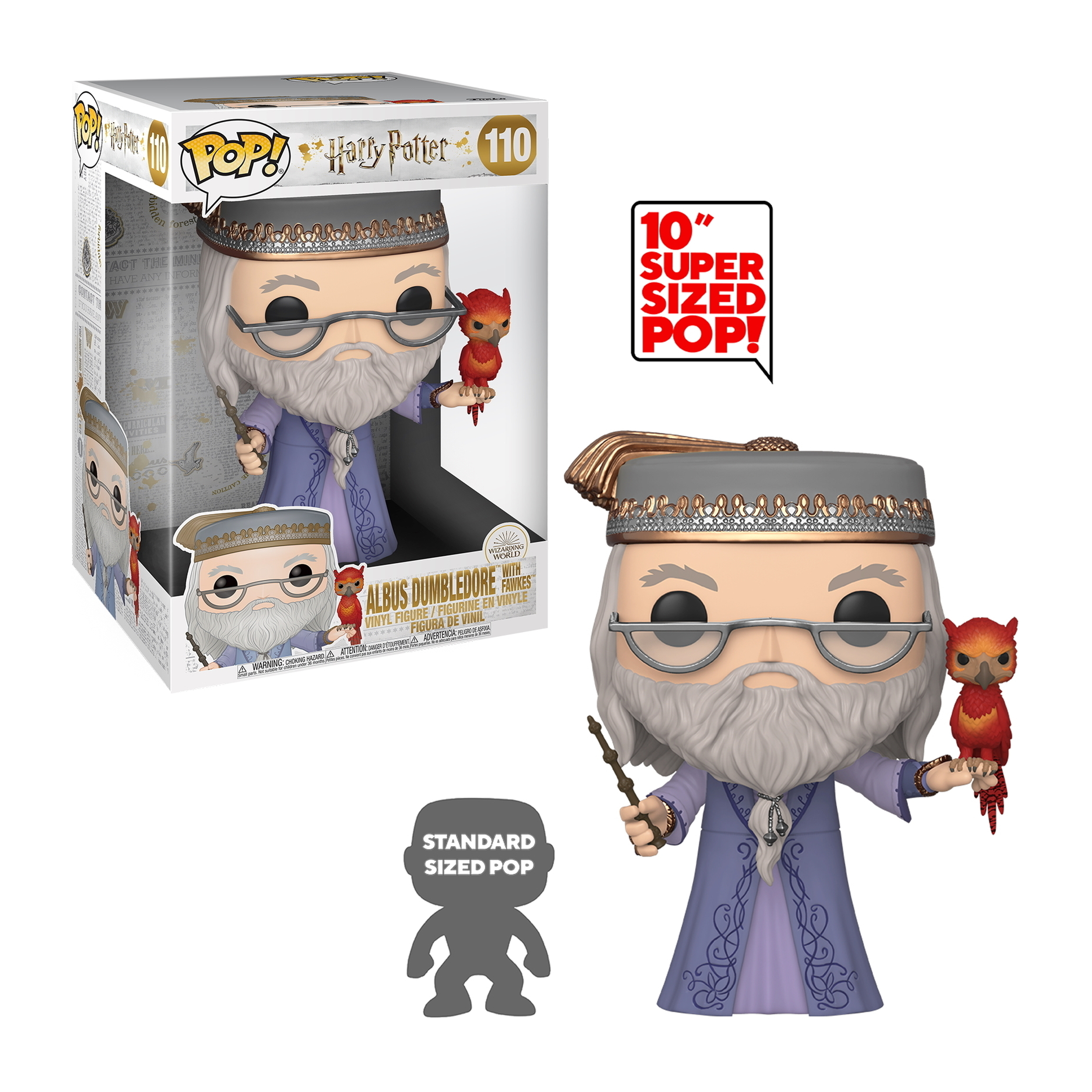 Figurka Funko Pop Dumbledore z pudełkiem. Dumbledore trzyma różdżkę i ma feniksa na ramieniu.