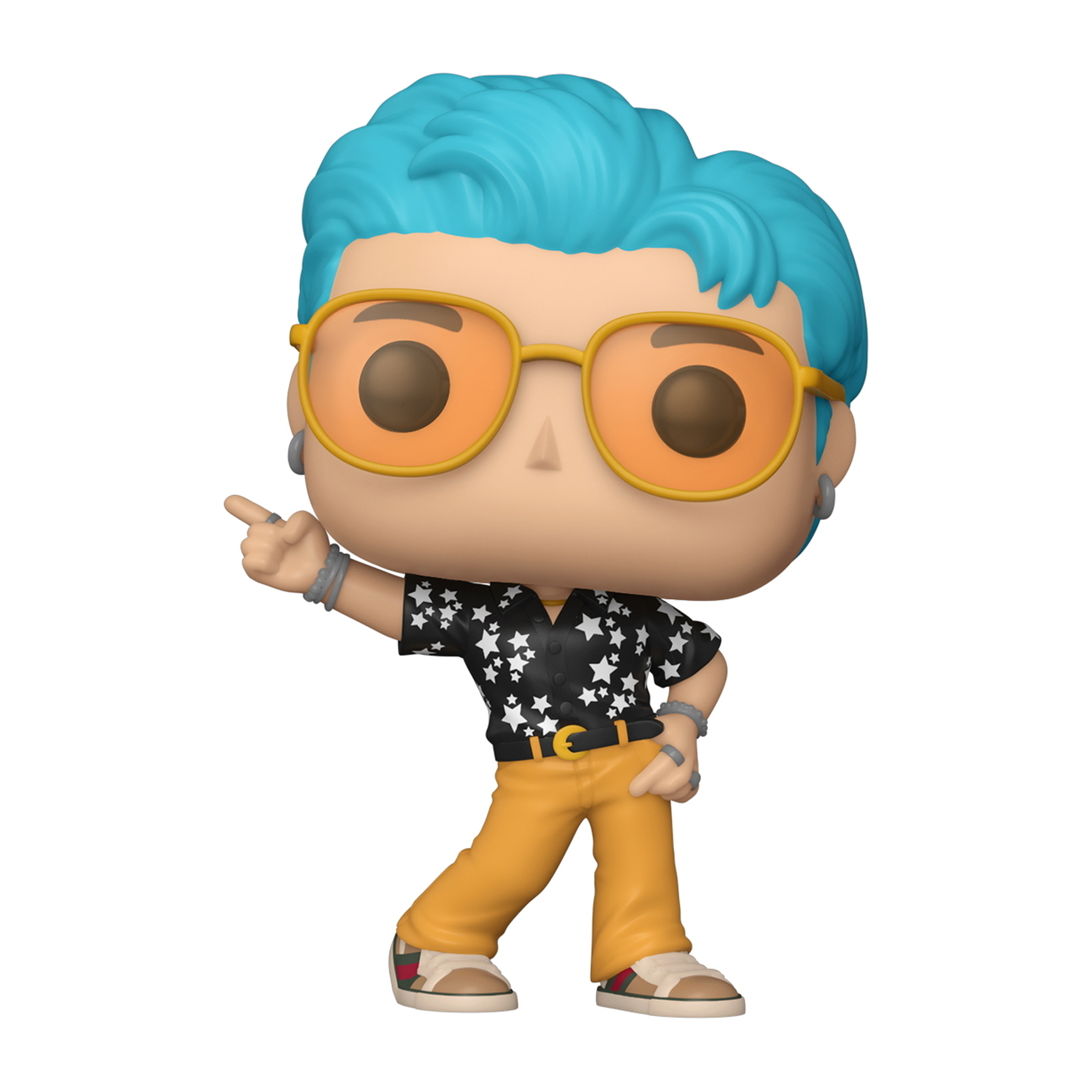 Una statuetta di un uomo con capelli blu, occhiali da sole e una camicia nera con stelle.