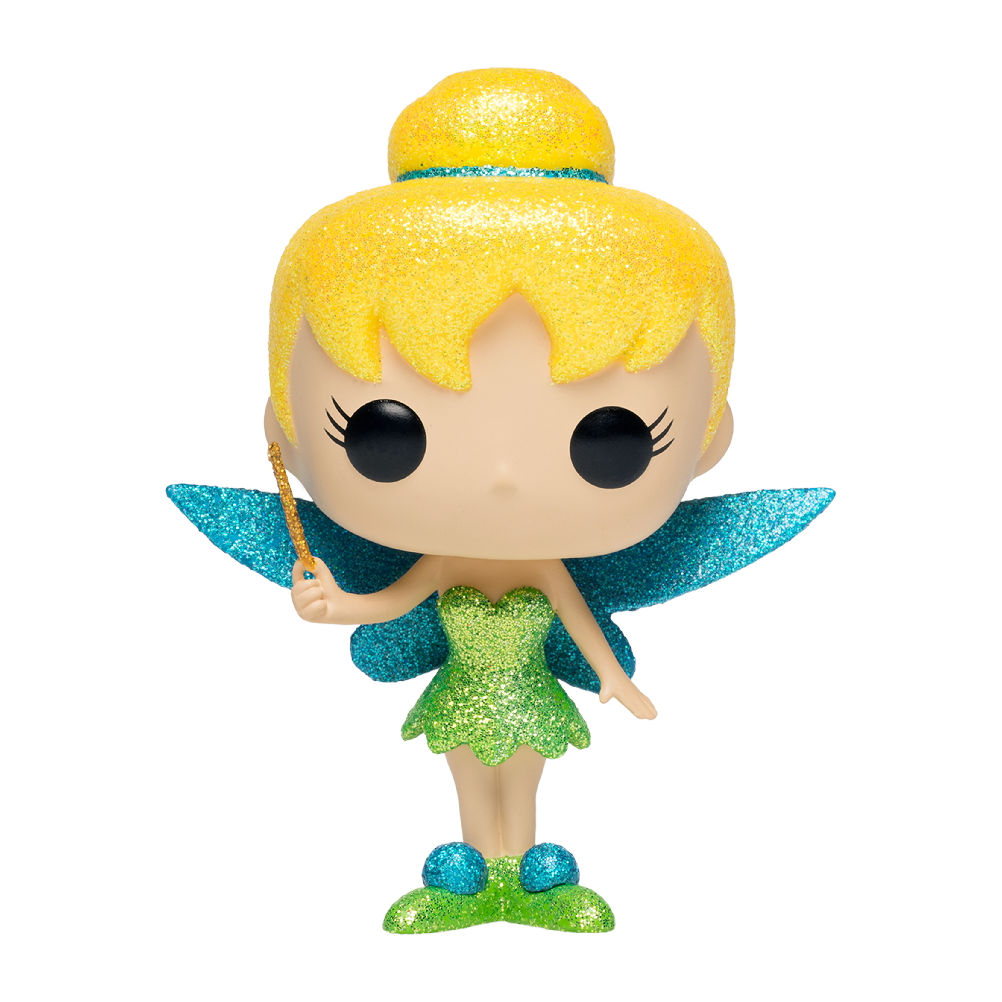 Tinkerbell-Figur. Gelbe Haare, grünes Kleid, blaue Flügel. Weißer Hintergrund.