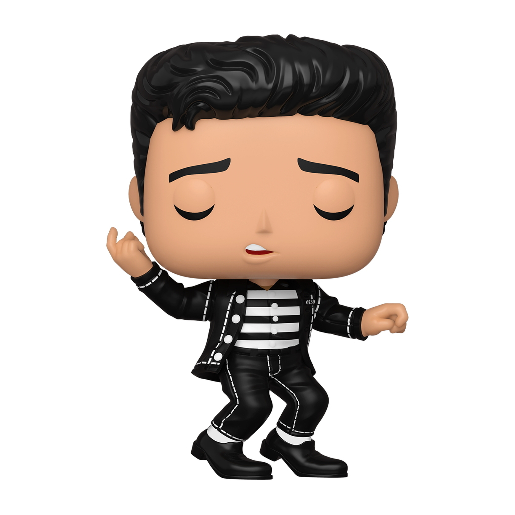 Elvis Presley-Figur in Schwarz-Weiß-Outfit, posiert mit geschlossenen Augen.