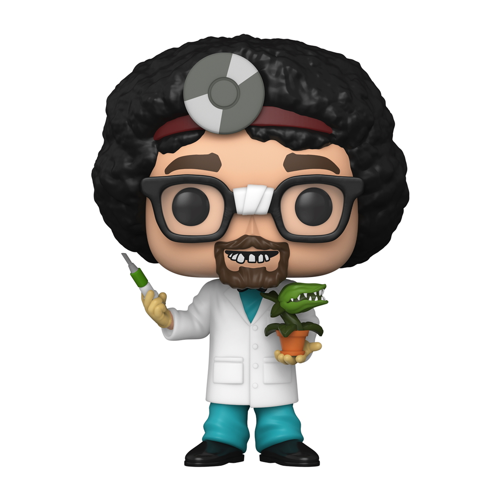 Figurka Funko Pop szalonego naukowca. Biały fartuch, okulary, trzymający roślinę.
