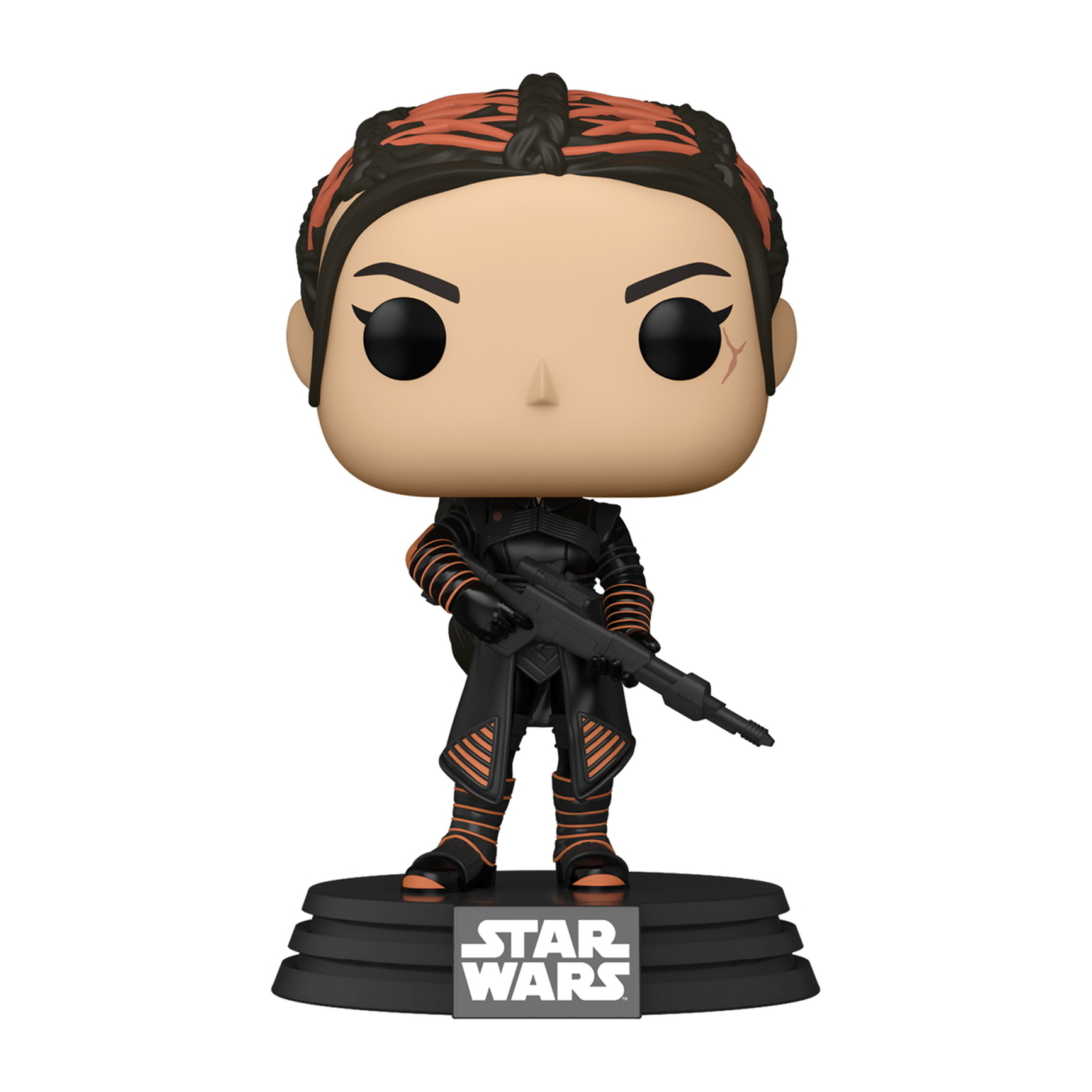 Una statuetta Funko Pop di Star Wars di una donna in armatura nera e arancione, che tiene un'arma.