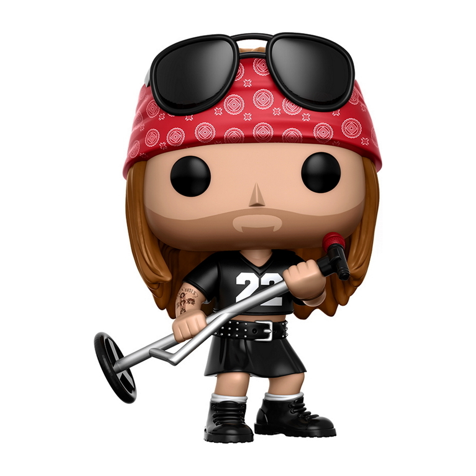 Figura Funko Pop de Axl Rose con gafas de sol, bandana y micrófono. Sostiene un micrófono.