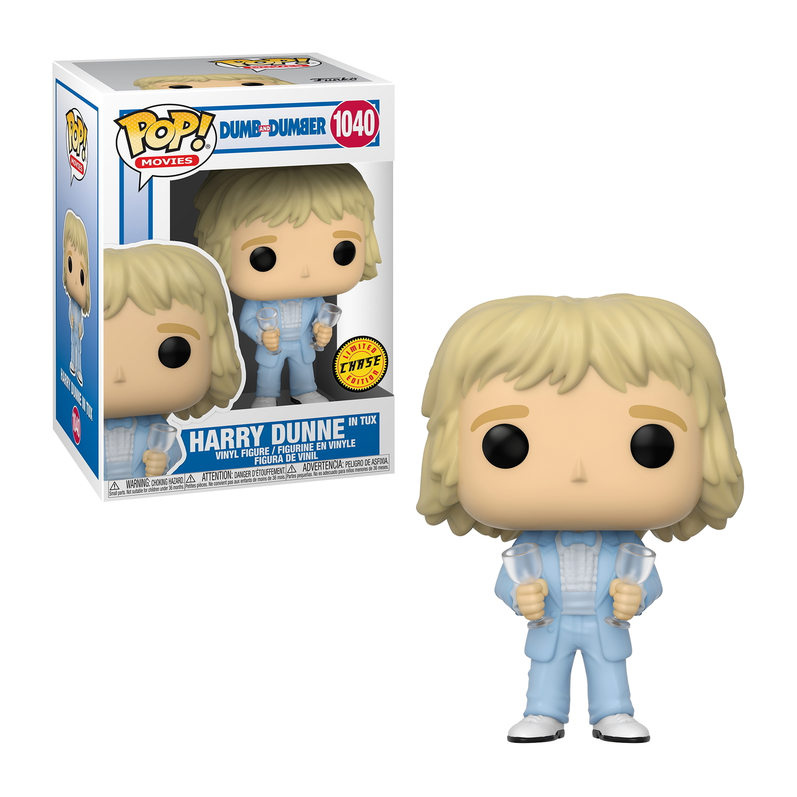 Figura Funko Pop di Dumb and Dumber nella sua scatola, e figura con bicchieri.