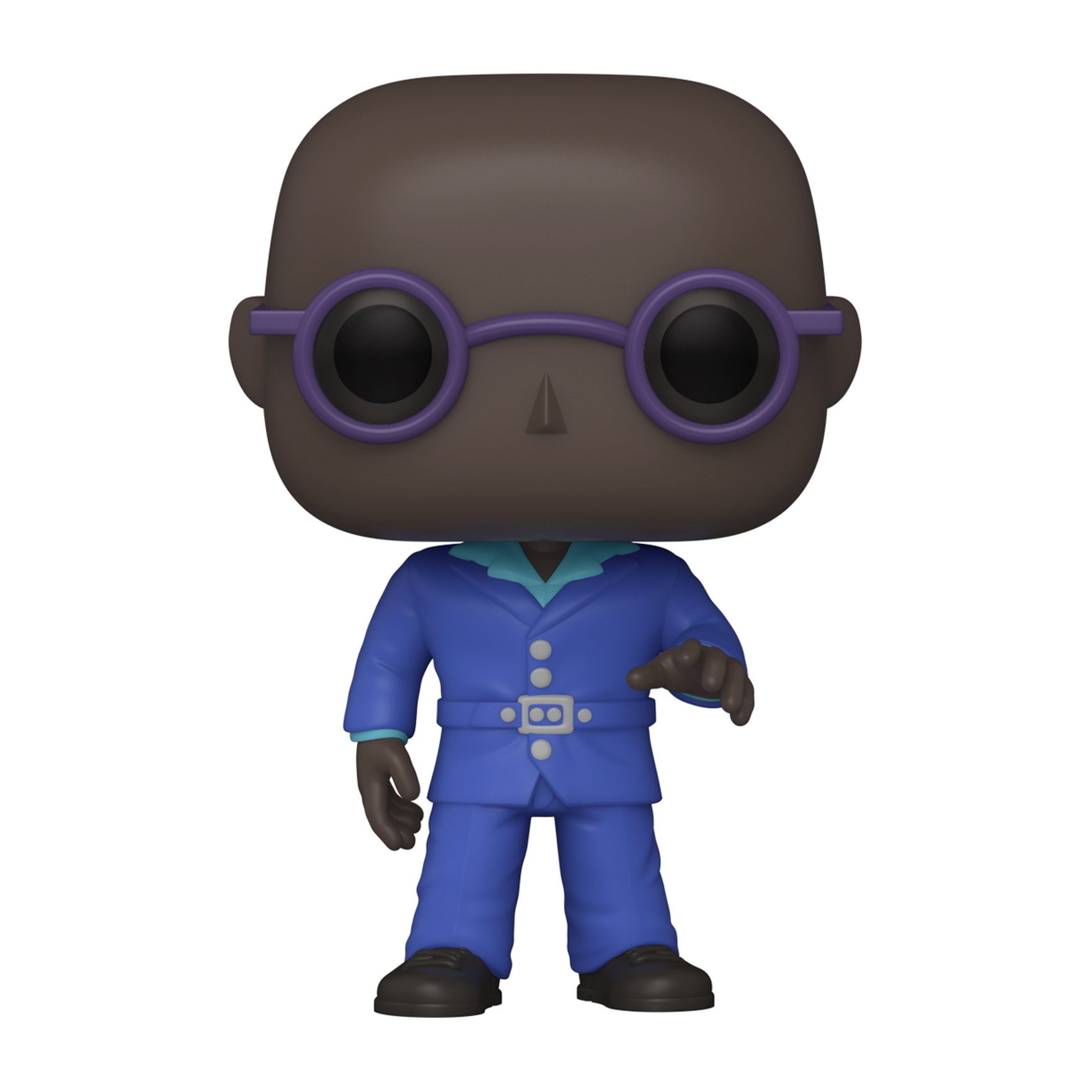 Figura Funko Pop di un uomo con abito blu e occhiali viola. Pelle scura, testa calva.