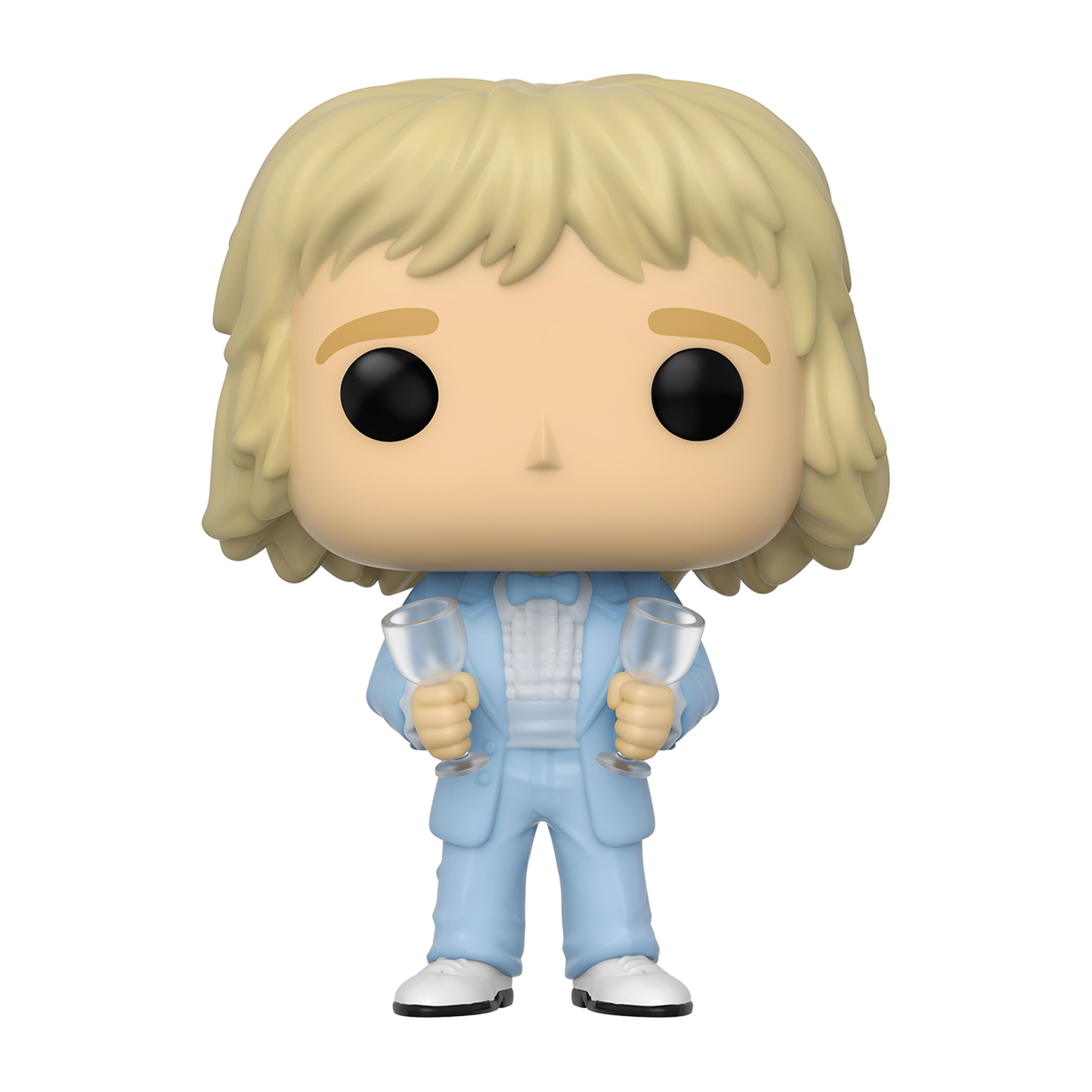Una figura Funko Pop di un uomo biondo in un abito azzurro, che tiene in mano due calici, sorridendo.