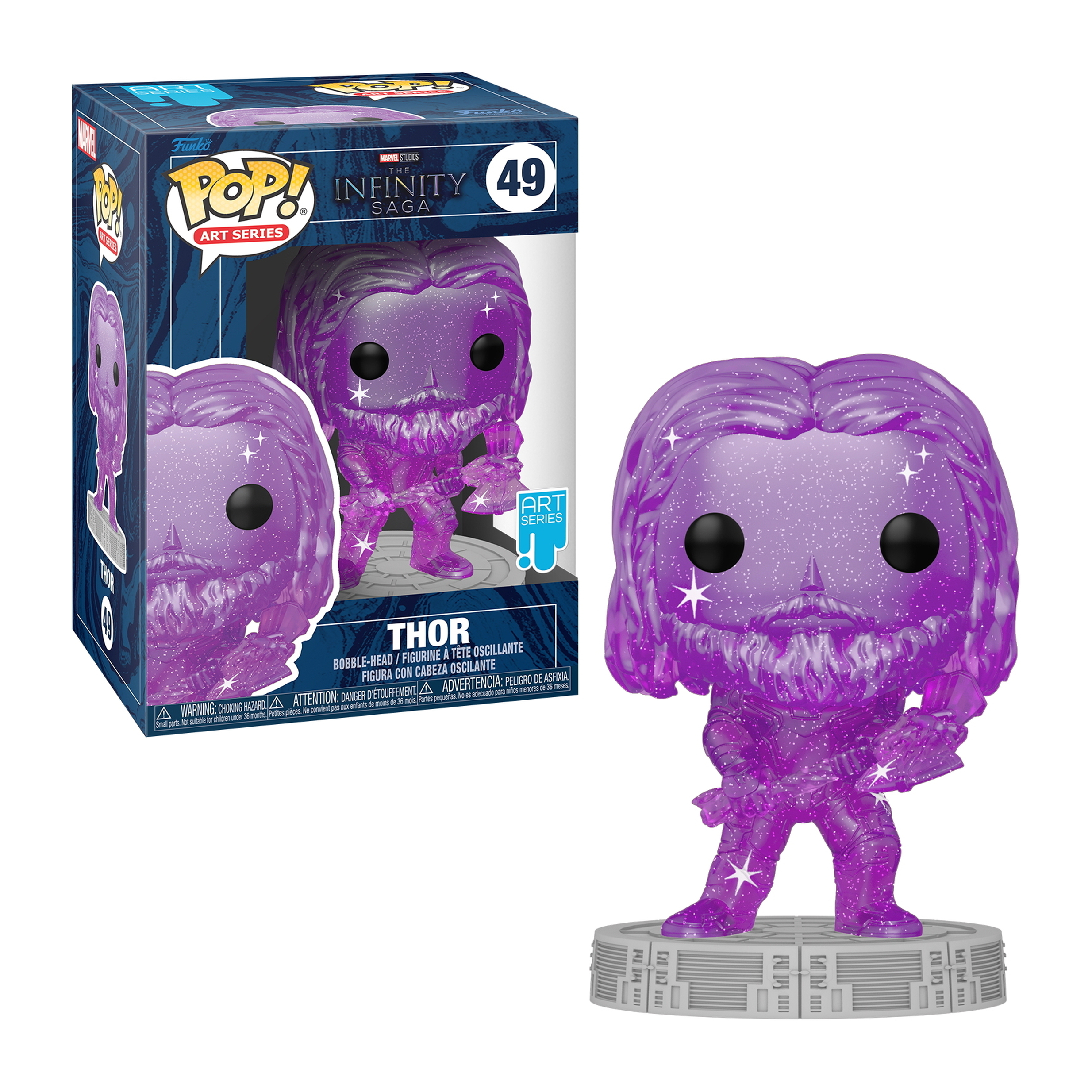 Figura de Thor de Infinity Saga. Figura morada brillante sobre soporte, en caja en el fondo. Fondo blanco.