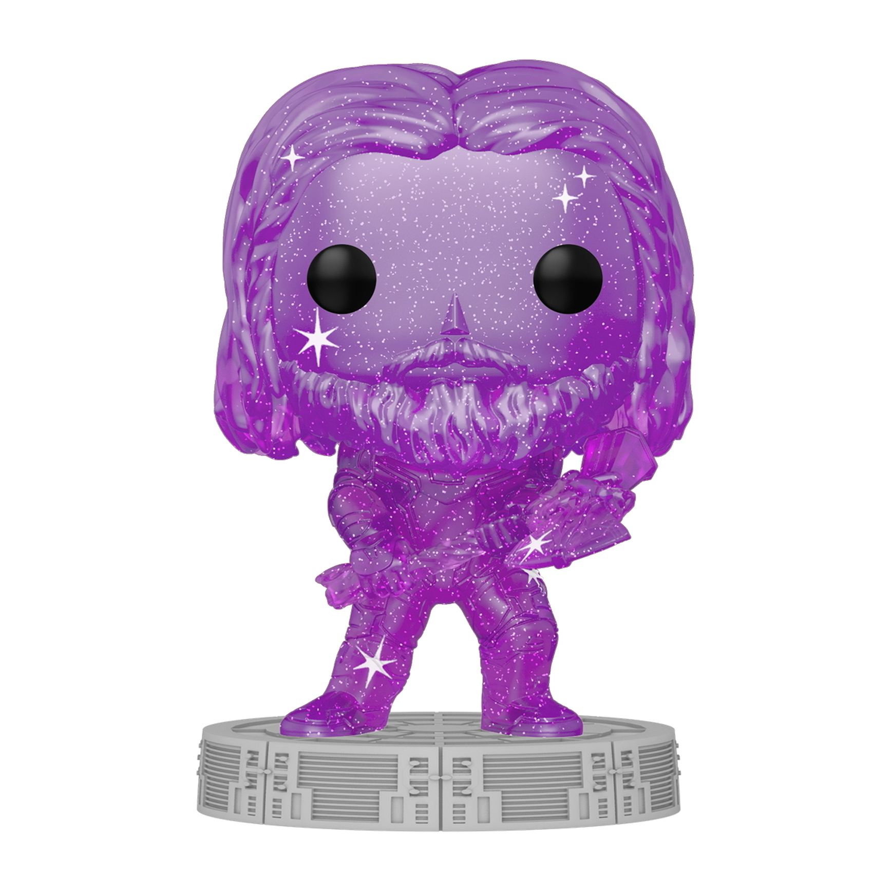 Figura morada brillante sobre base gris, representación estilizada de un personaje.