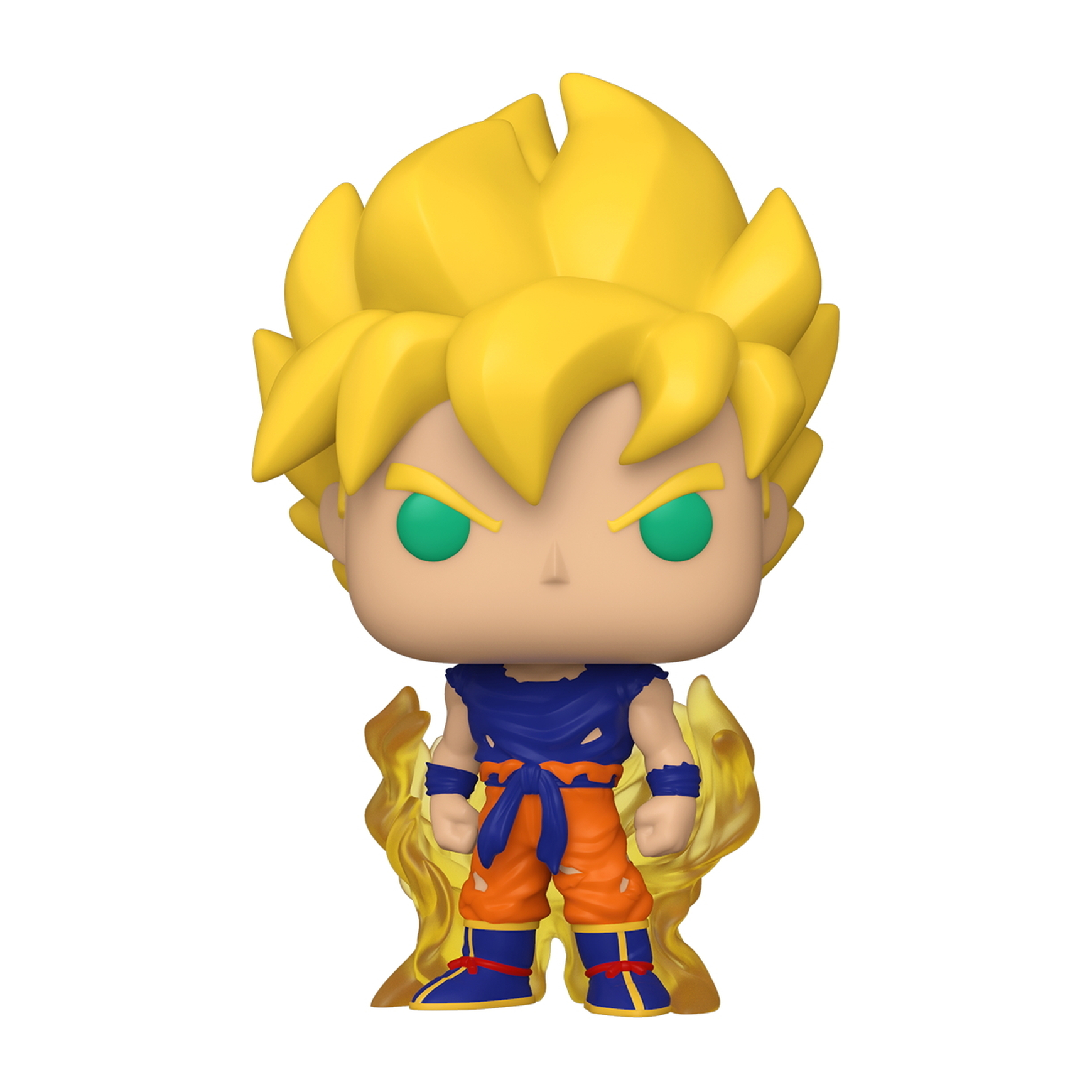 Statuetta di Goku con capelli gialli, abito blu e arancione, con effetto fuoco.