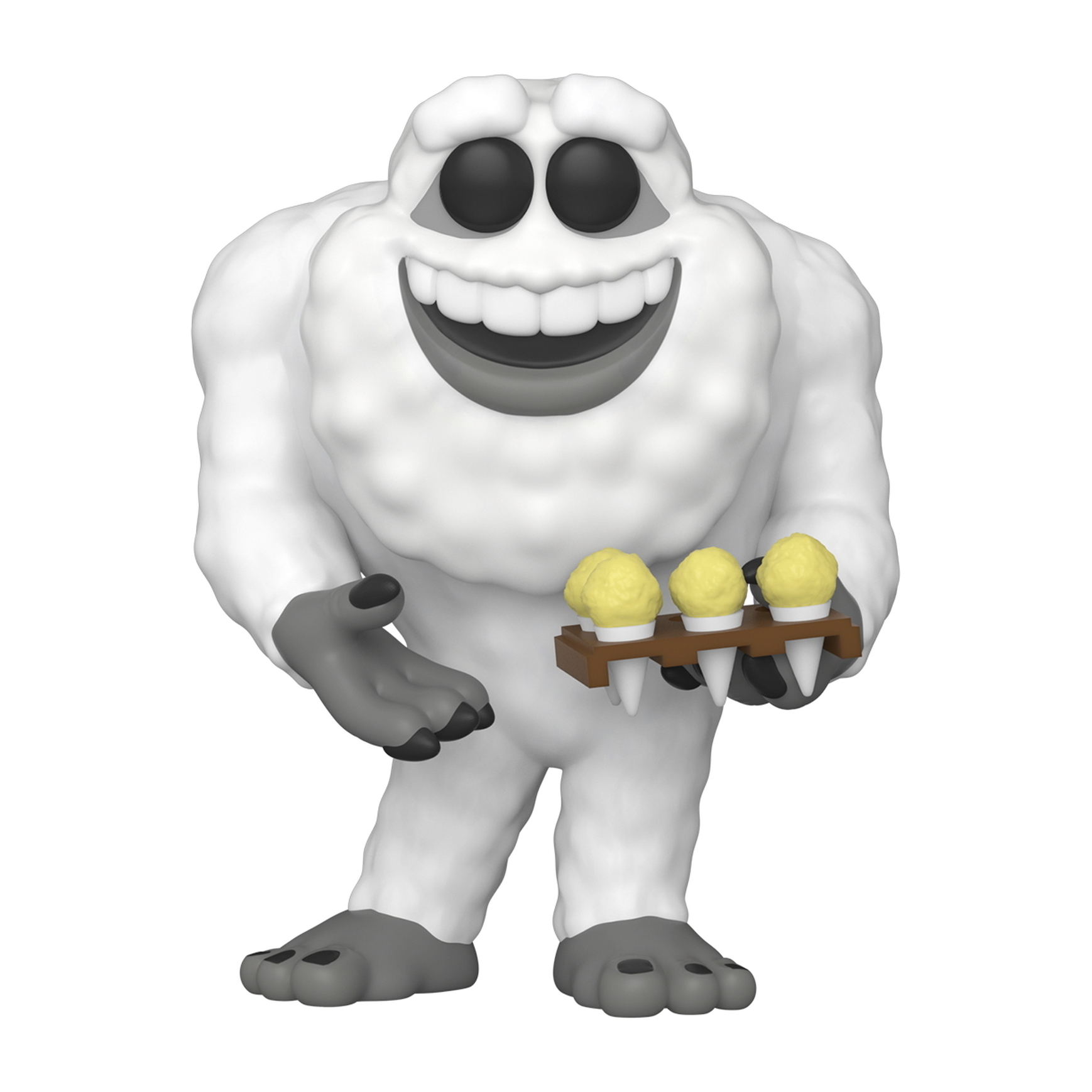 Una figura de Yeti sosteniendo una bandeja con tres pequeños conos de helado amarillos. La figura es blanca.