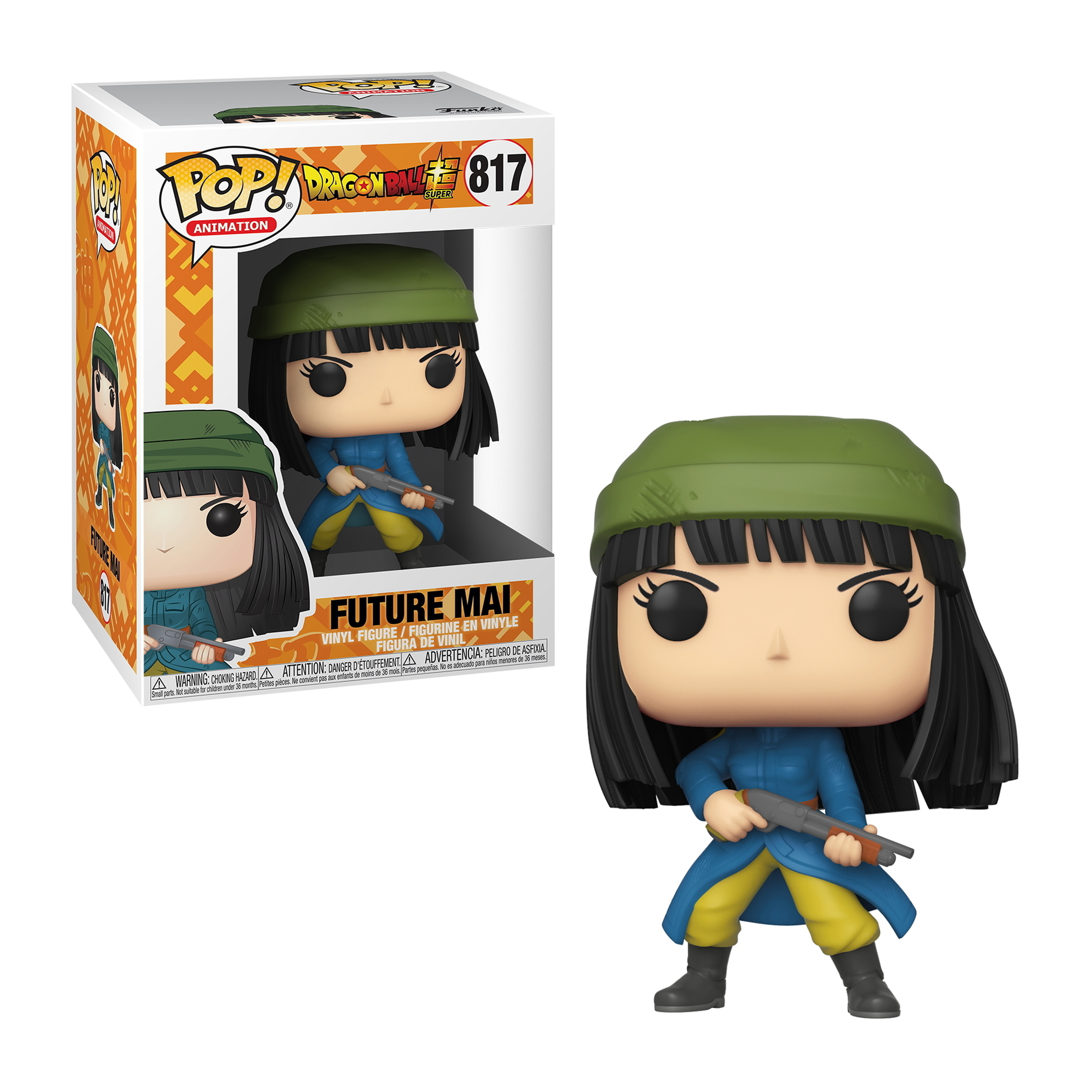 Figura Funko Pop di Future Mai con scatola. Indossa un cappello verde e un cappotto blu, tiene una pistola.