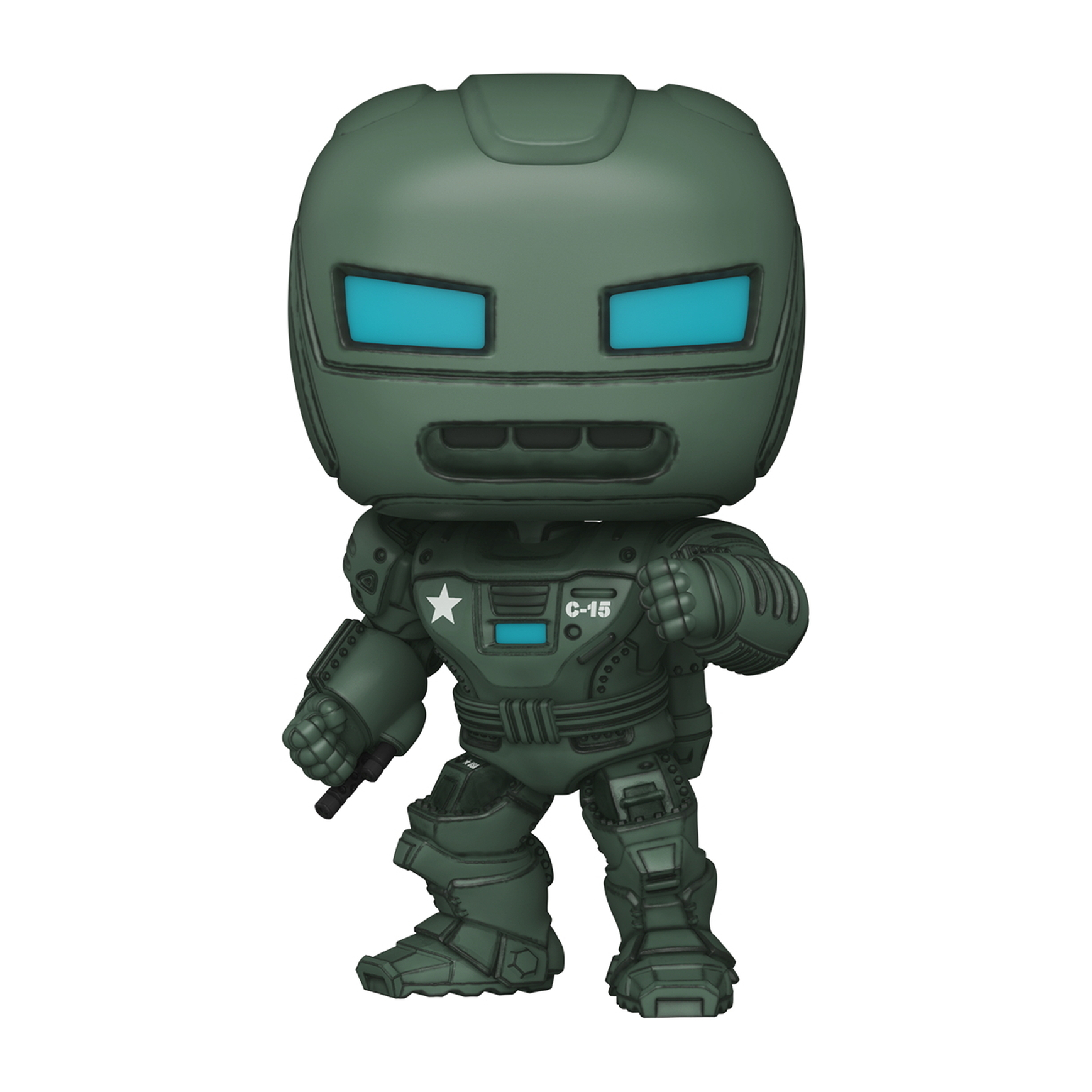 Eine Funko Pop Figur eines Iron Man-ähnlichen Charakters in grünem Anzug, mit Waffe.