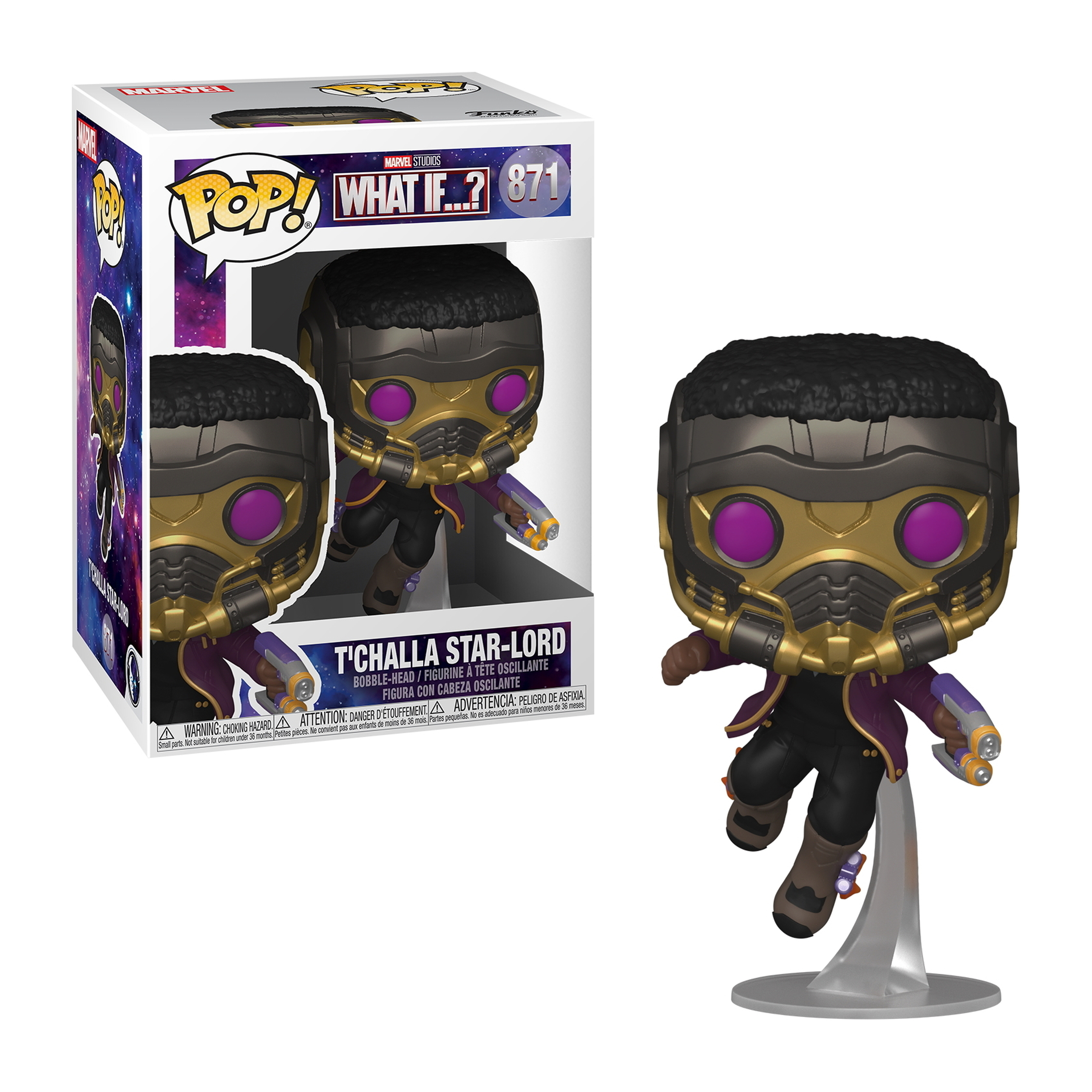 T'Challa Star-Lord Figur in einer Box. Er trägt eine Maske und eine lila Jacke. Weißer Hintergrund.