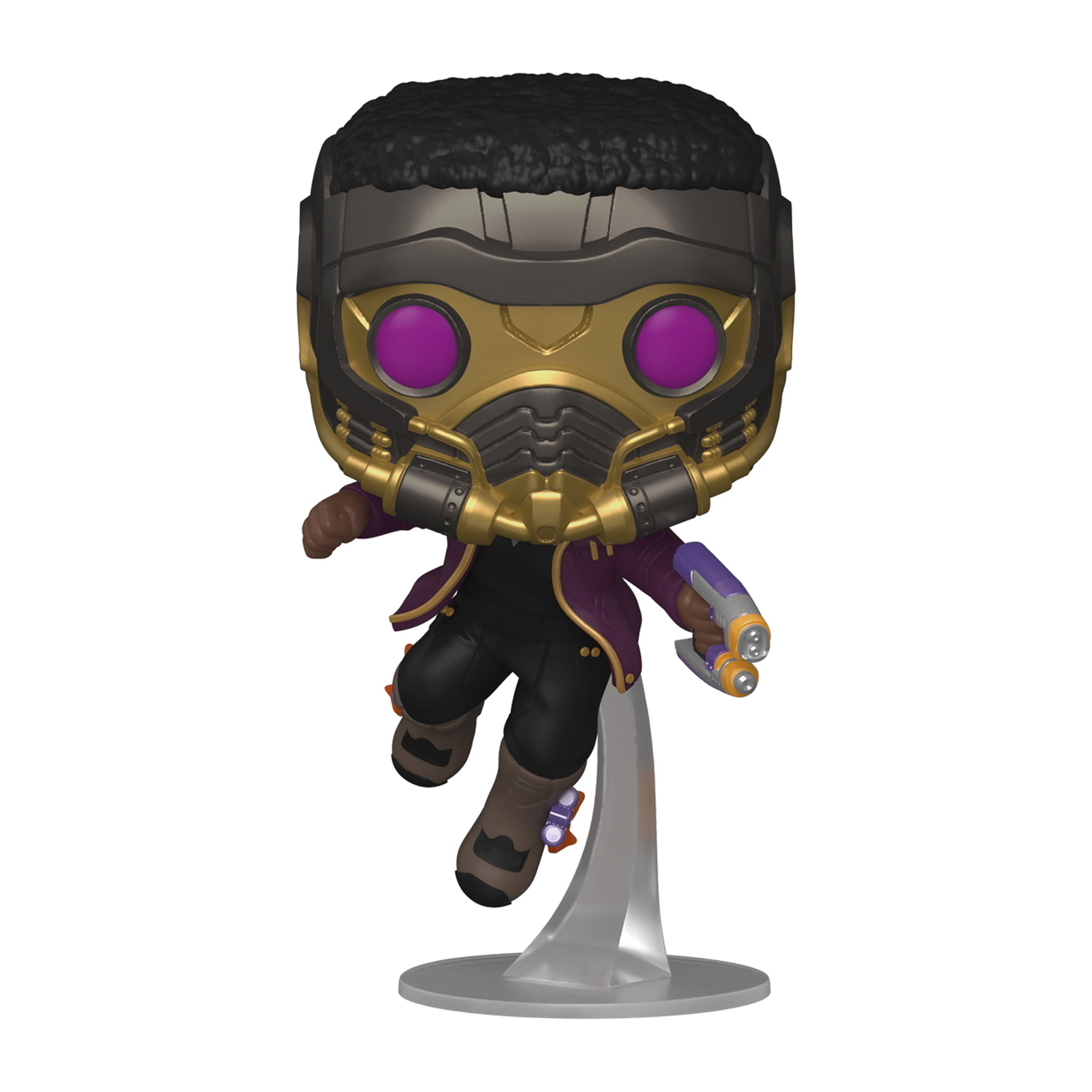 Star-Lord-Figur. Lila Jacke, goldene Maske, hält eine Waffe und einen durchsichtigen Ständer. Weißer Hintergrund.