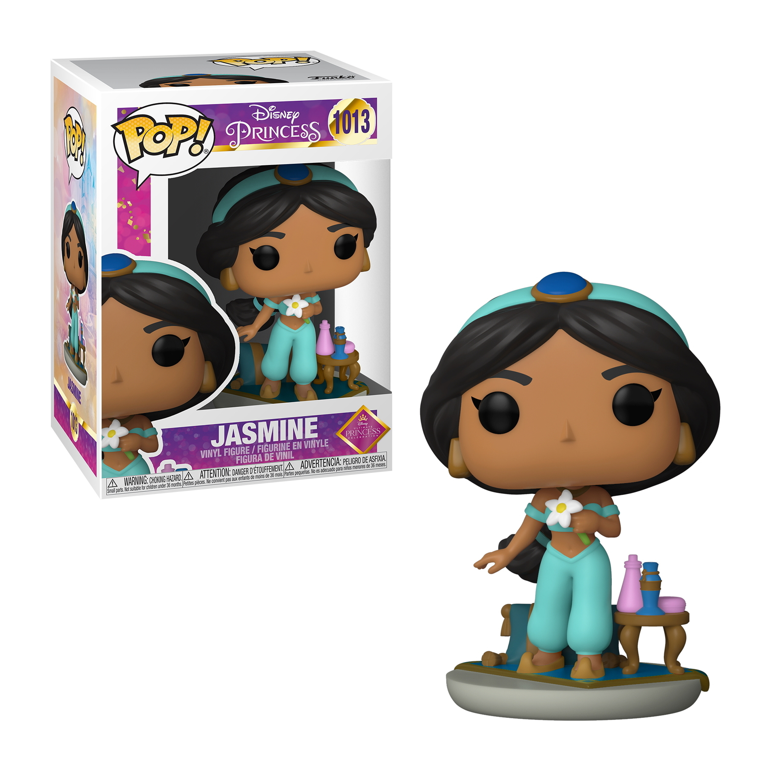 Jasmine-Figur in einer Box. Sie trägt ein tealfarbenes Outfit. Weißer Hintergrund.