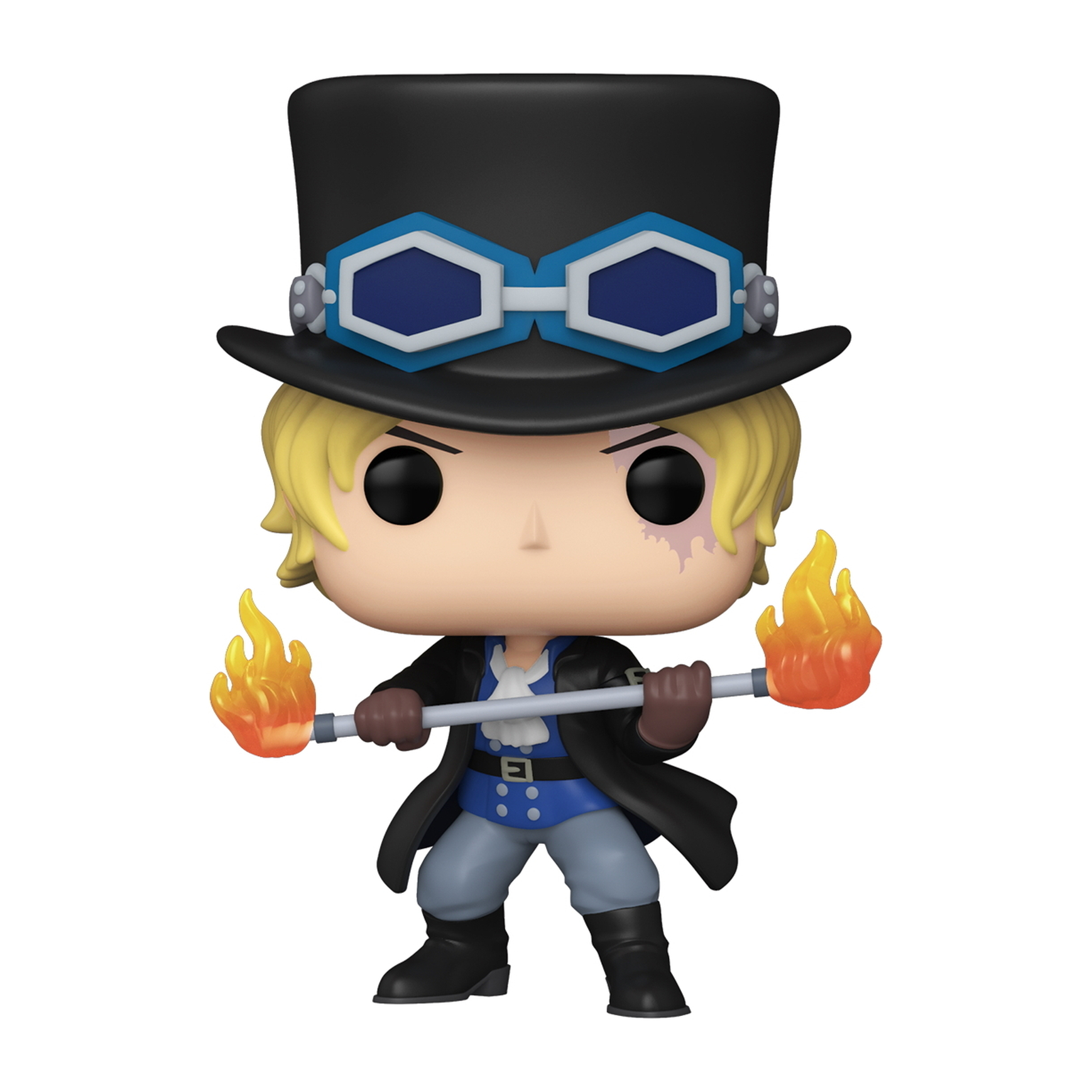 Figura Funko Pop di Sabo con fiamme sullo staff, indossa un cappello e occhiali. Sfondo bianco.