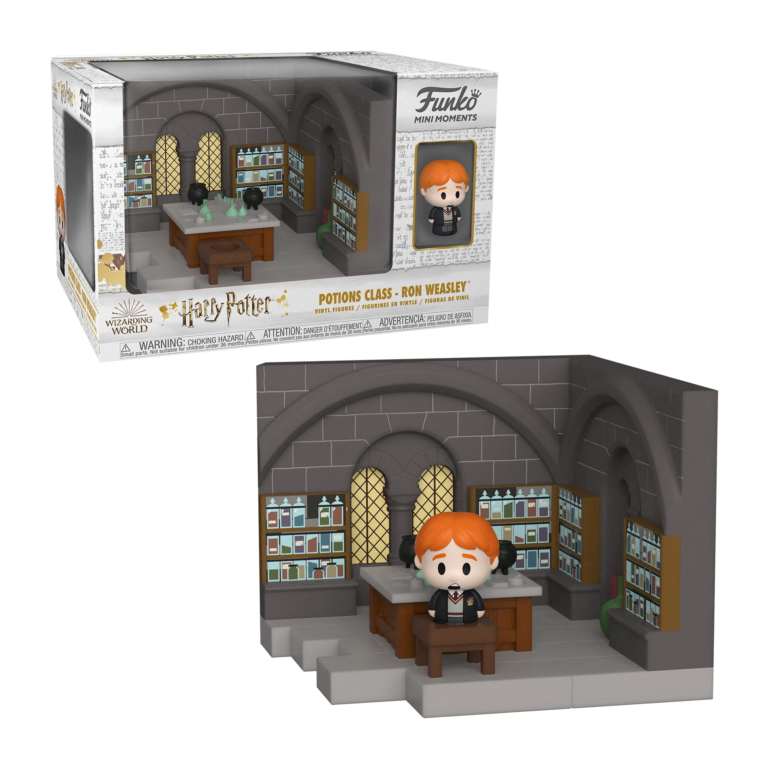 Funko Pop Rona Weasleya w zestawie do zajęć z eliksirów. Widoczne pudełko i sam zestaw.