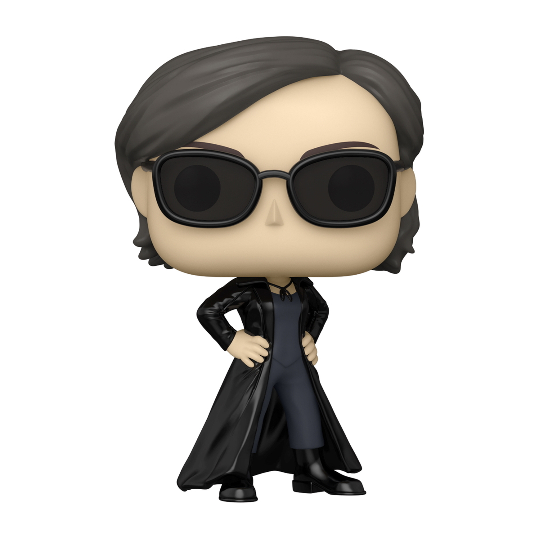 Funko Pop Figur von Trinity aus The Matrix. Schwarze Sonnenbrille und langer Mantel.