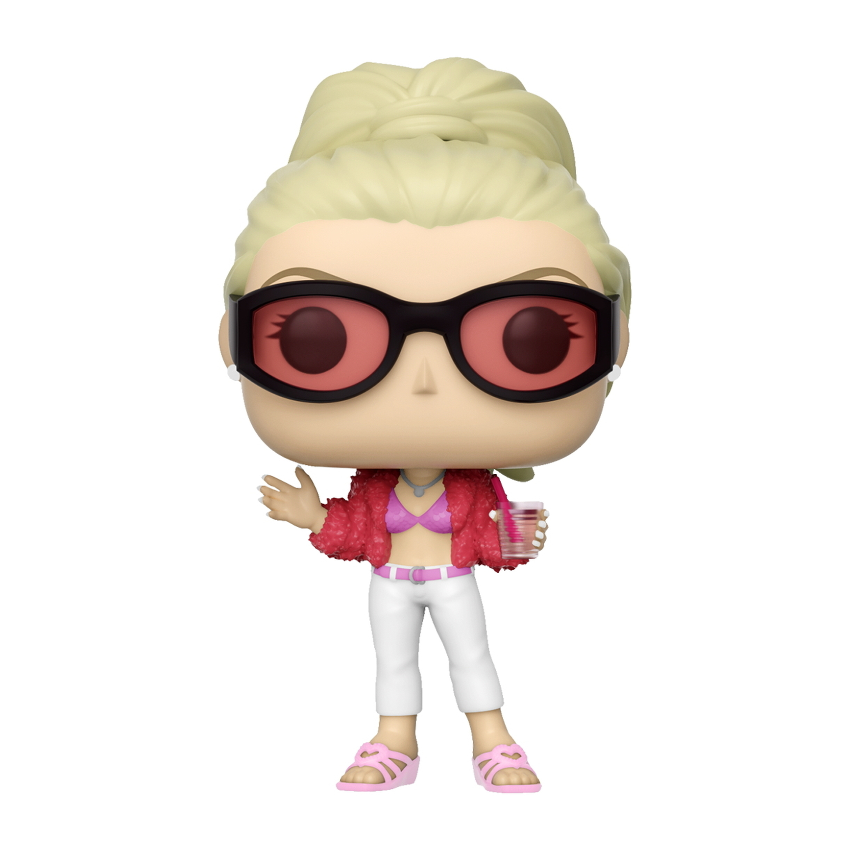 Figura Funko Pop di una donna con occhiali da sole. Tiene in mano un drink. Sfondo bianco.