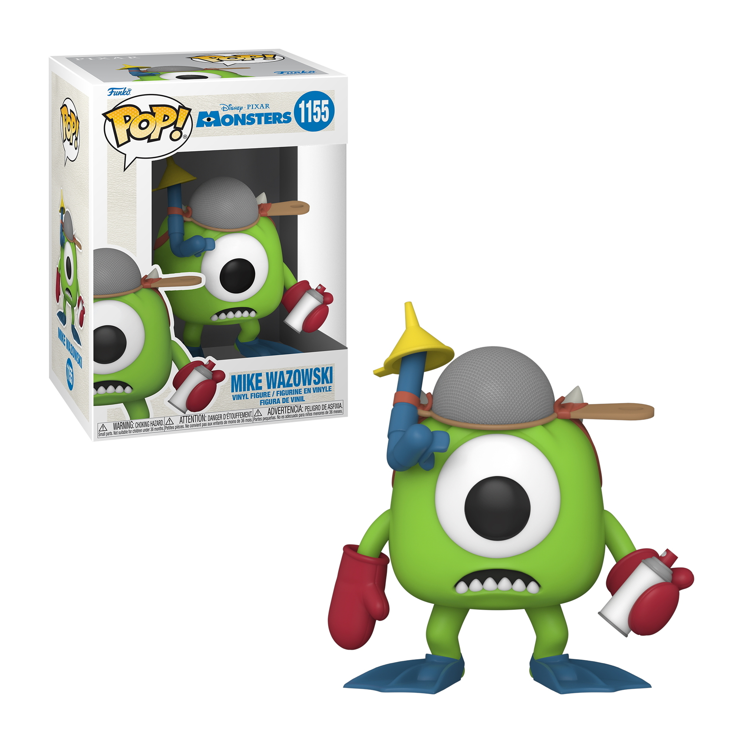 Figura Funko Pop di Mike Wazowski in scatola. Mostro verde con attrezzatura subacquea, spray.