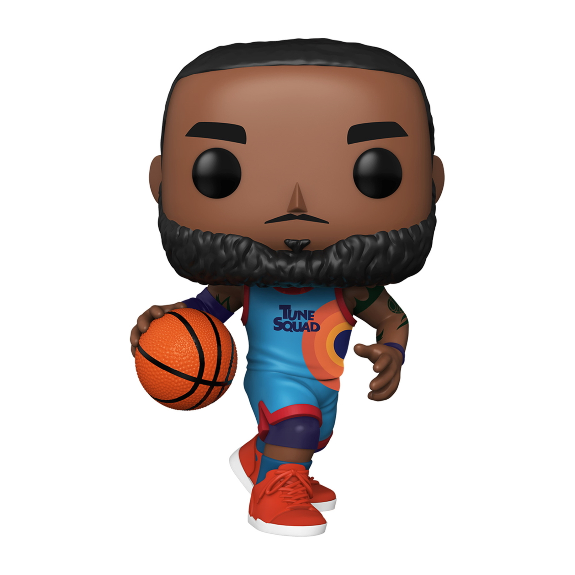 Funko Pop Figur von LeBron James im Tune Squad Basketballtrikot, Ball haltend.