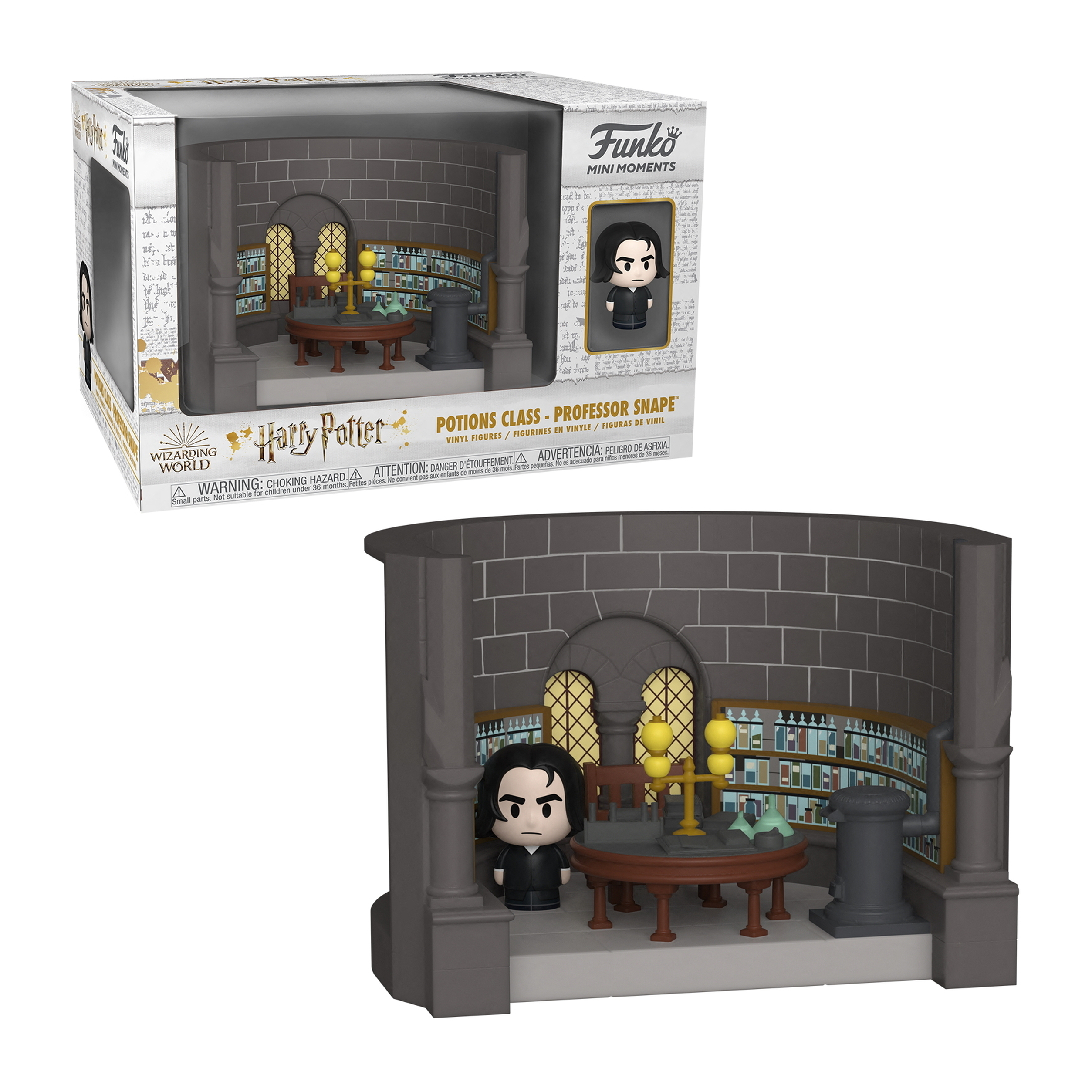 Zestaw Funko Harry Potter, profesor Snape. Snape stoi w klasie eliksirów ze stołem i półkami z butelkami.