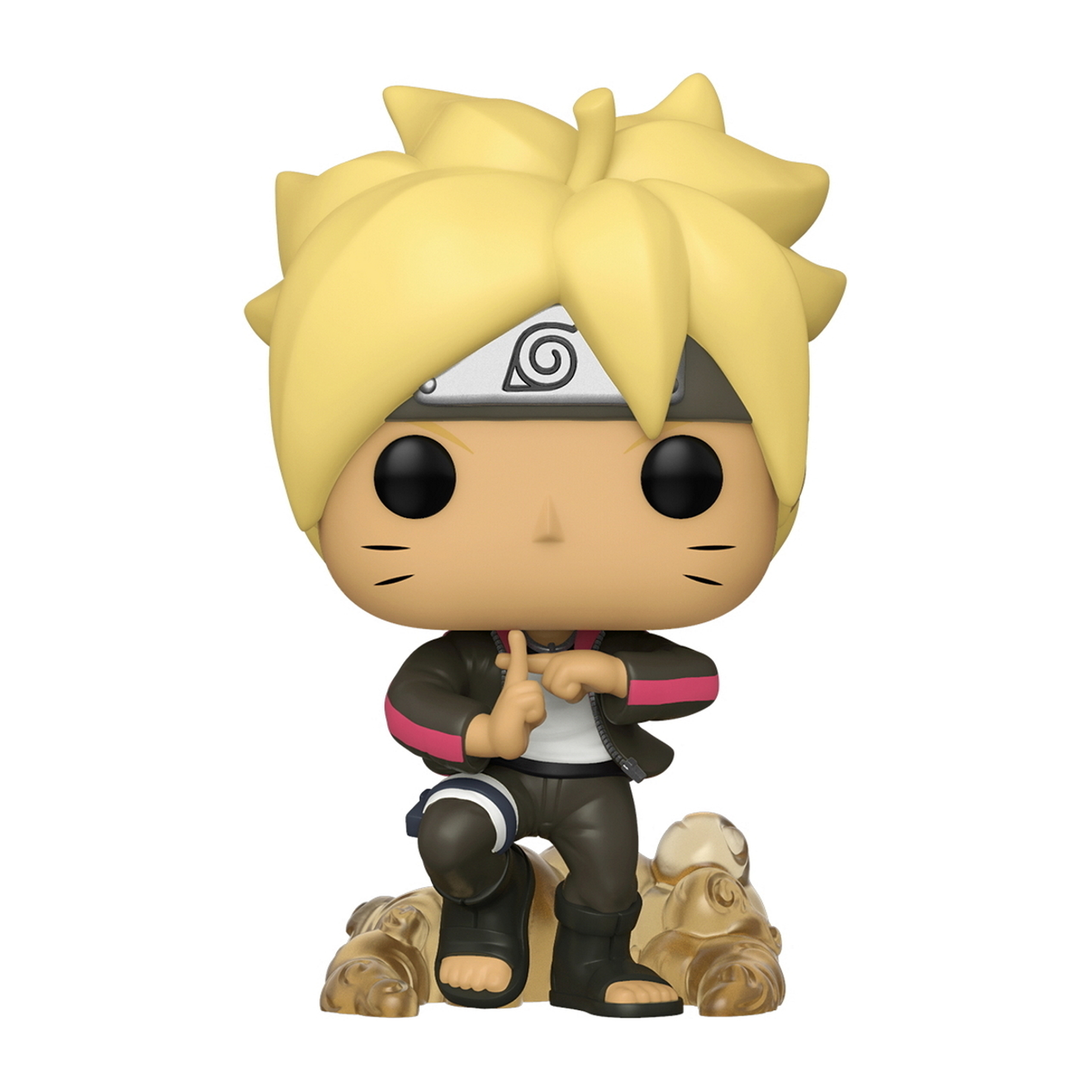 Boruto figuur uit Naruto. Geel haar, ninja hoofdband en zwarte jas.