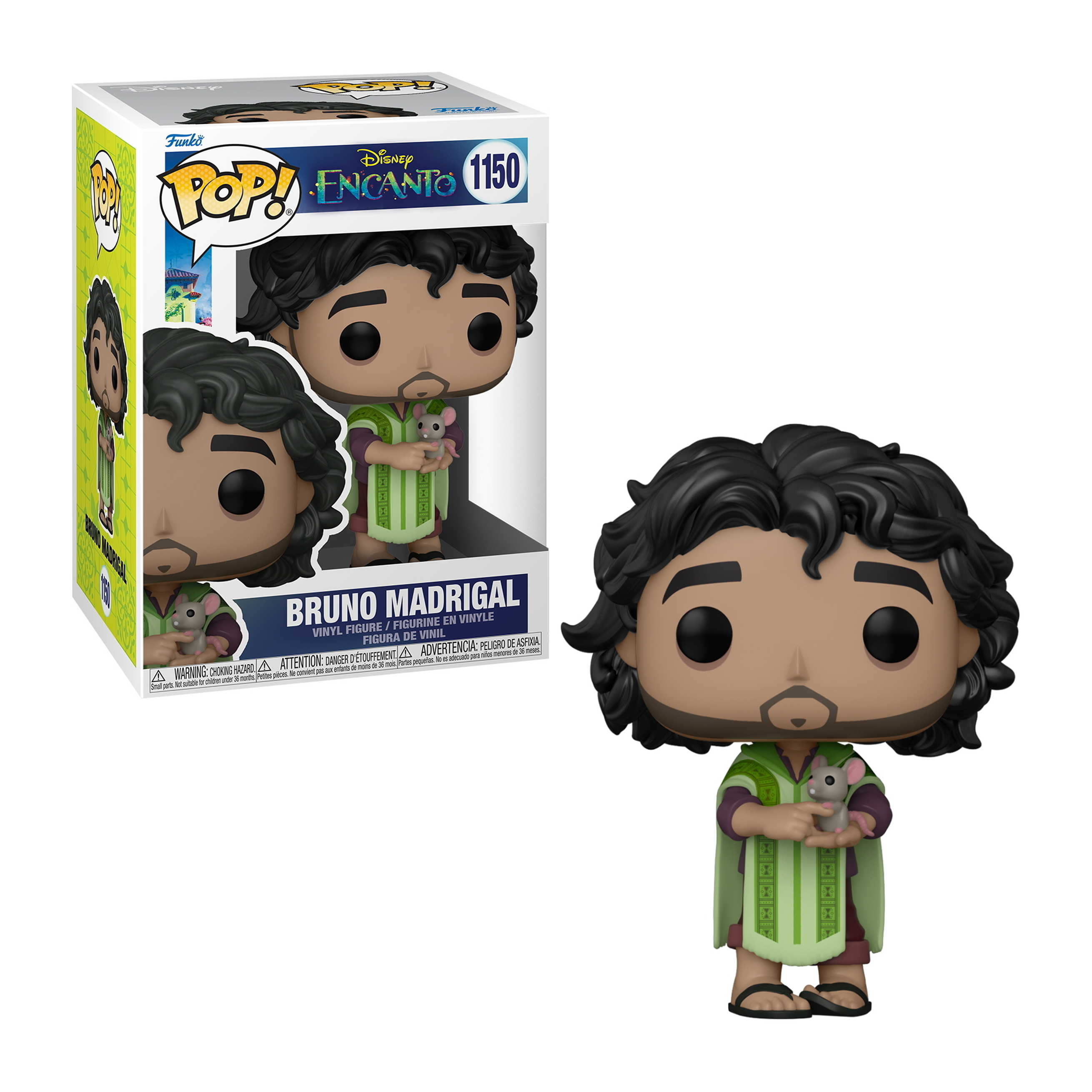Funko Pop di Bruno Madrigal con topo, in abito verde.