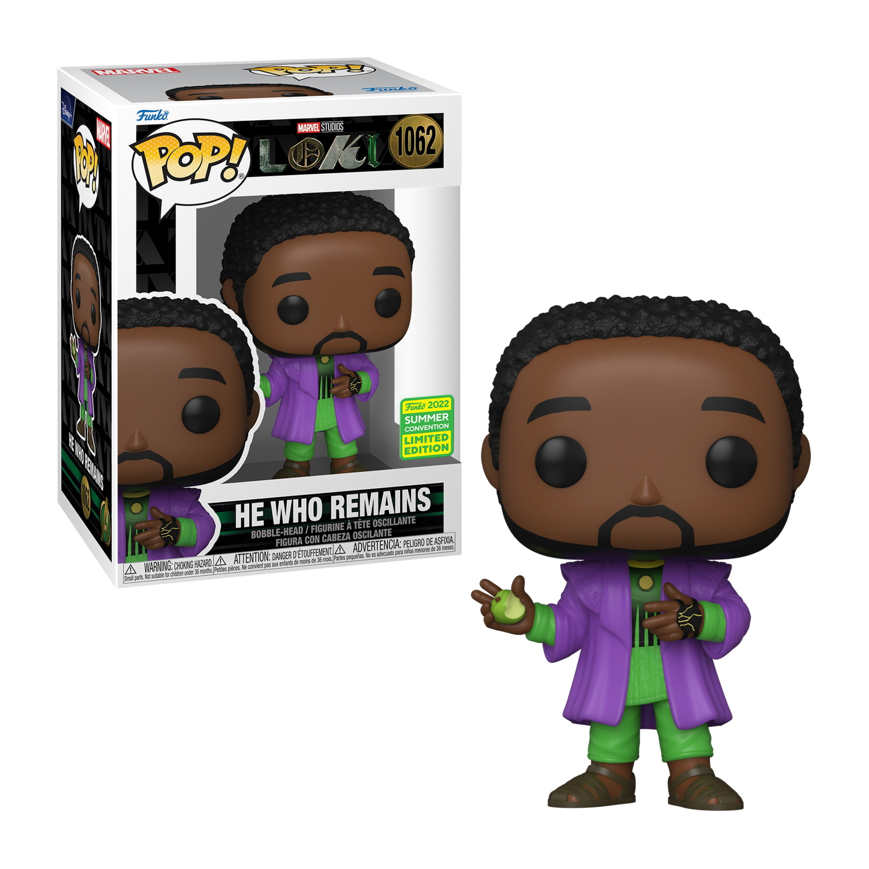 Figura Funko Pop di He Who Remains con scatola. Indossa un cappotto viola, pantaloni verdi e tiene un globo verde.