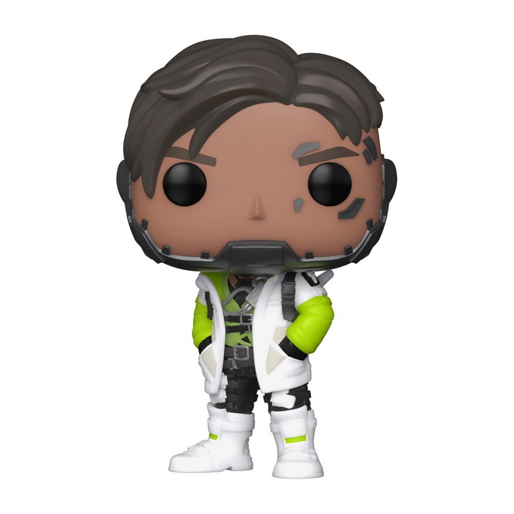 Funko Pop figuur van een man in witte en groene outfit. Zwart haar, bruine huid.