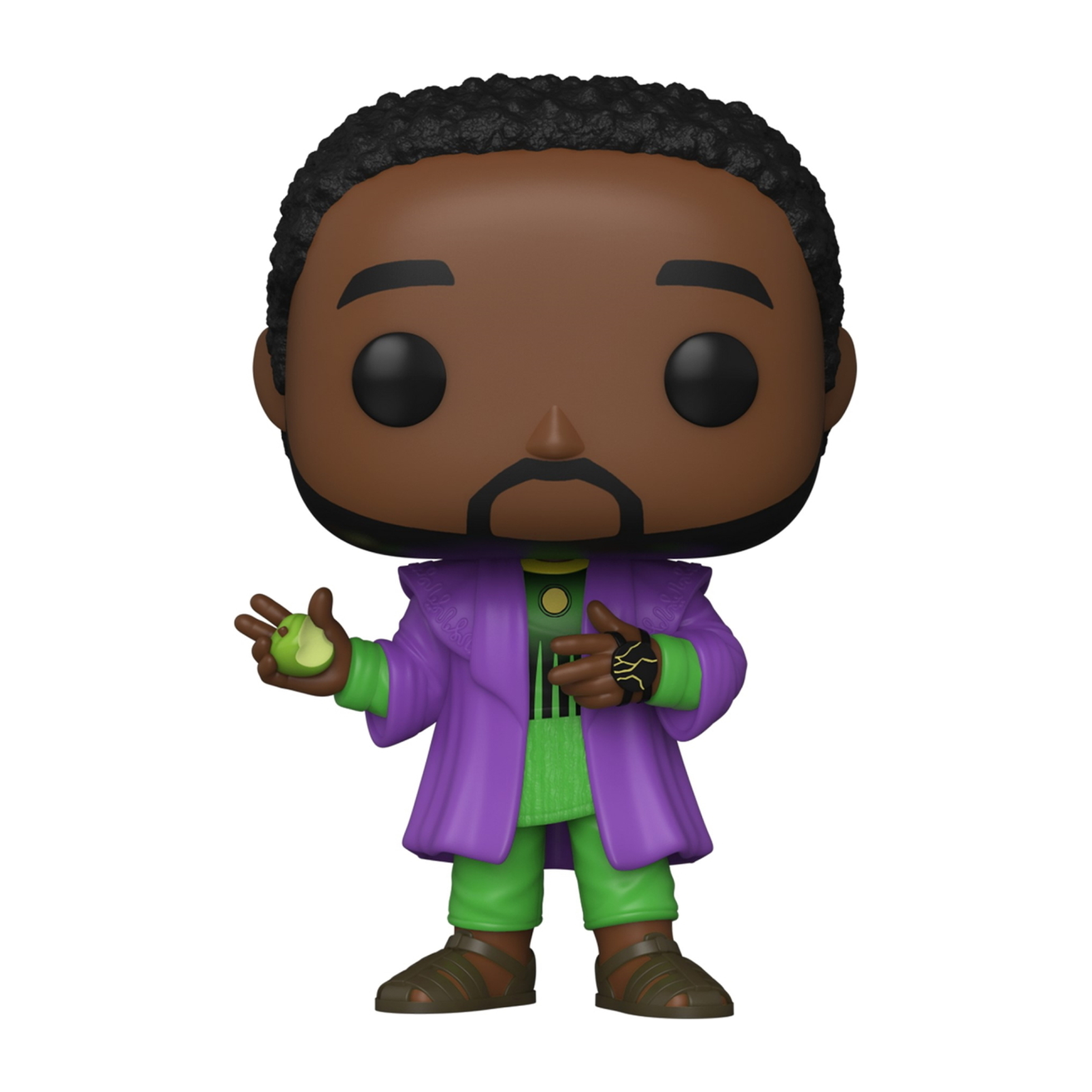 Figura Funko Pop di Kang. Un uomo nero con una mela verde e un cappotto viola. Tiene la mela.