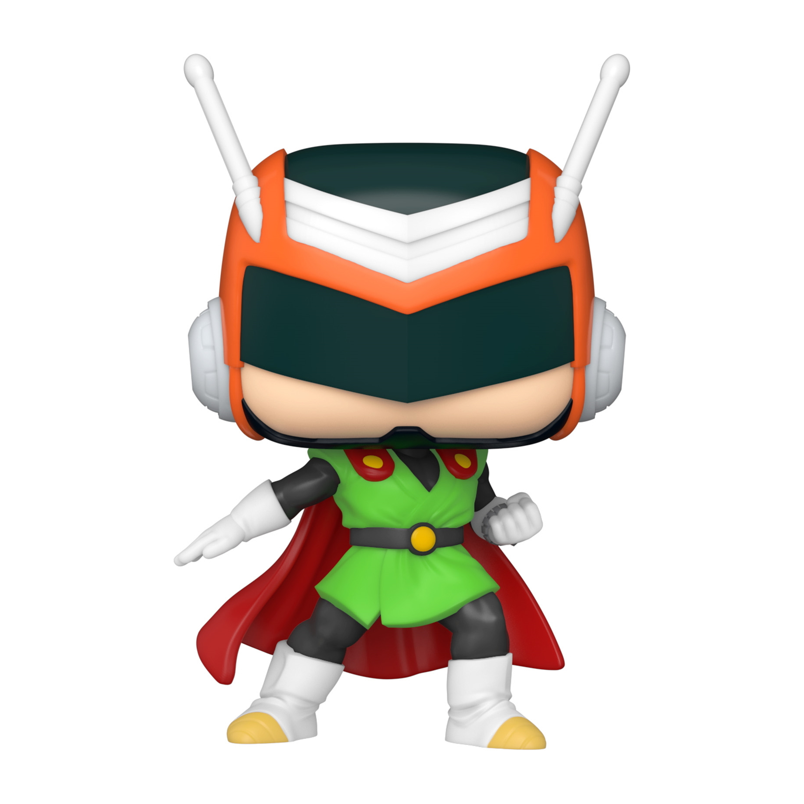 Una figura Funko Pop de Gohan con su traje de superhéroe, con antenas y capa.