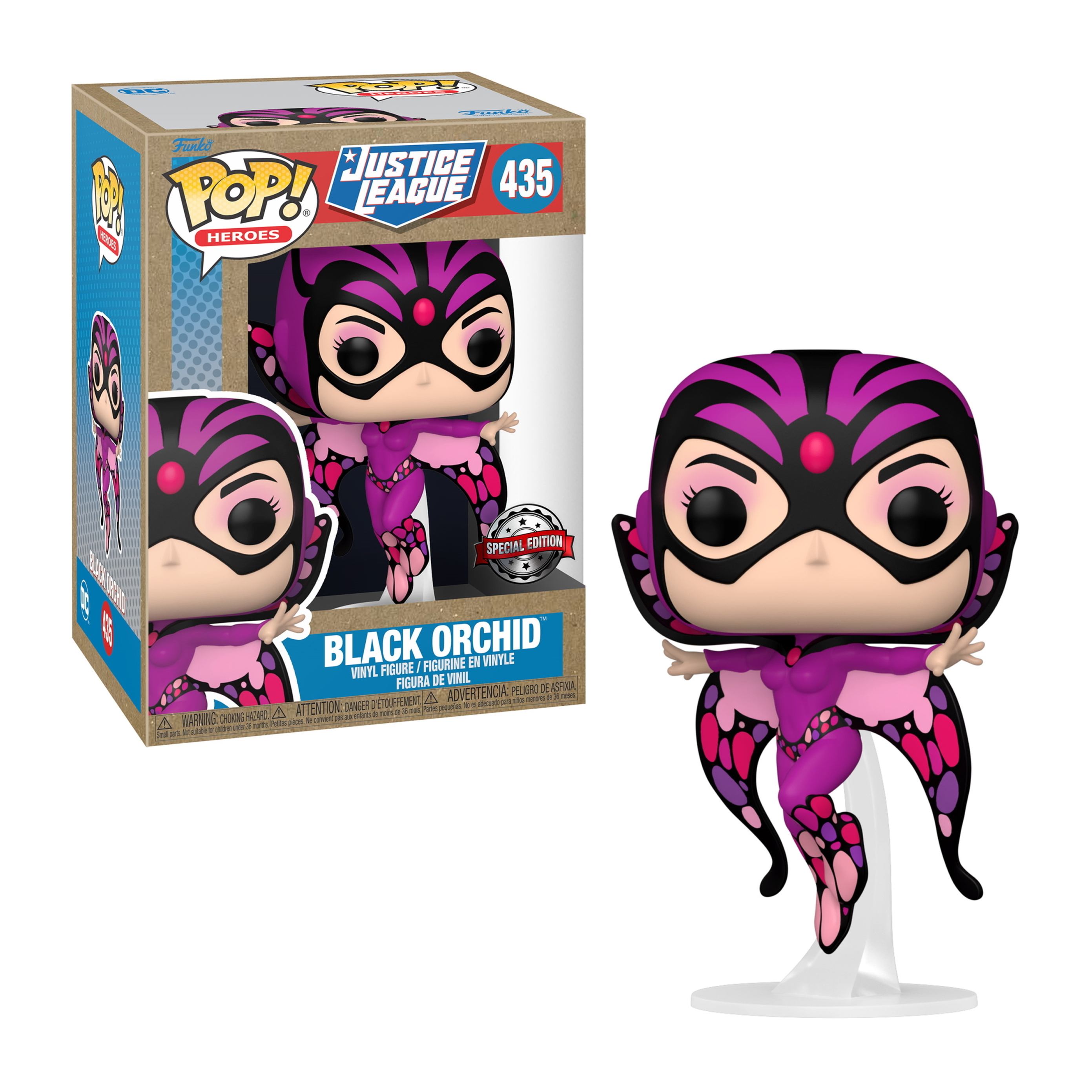 Figura Funko Pop di Black Orchid della Justice League, abito rosa e nero.