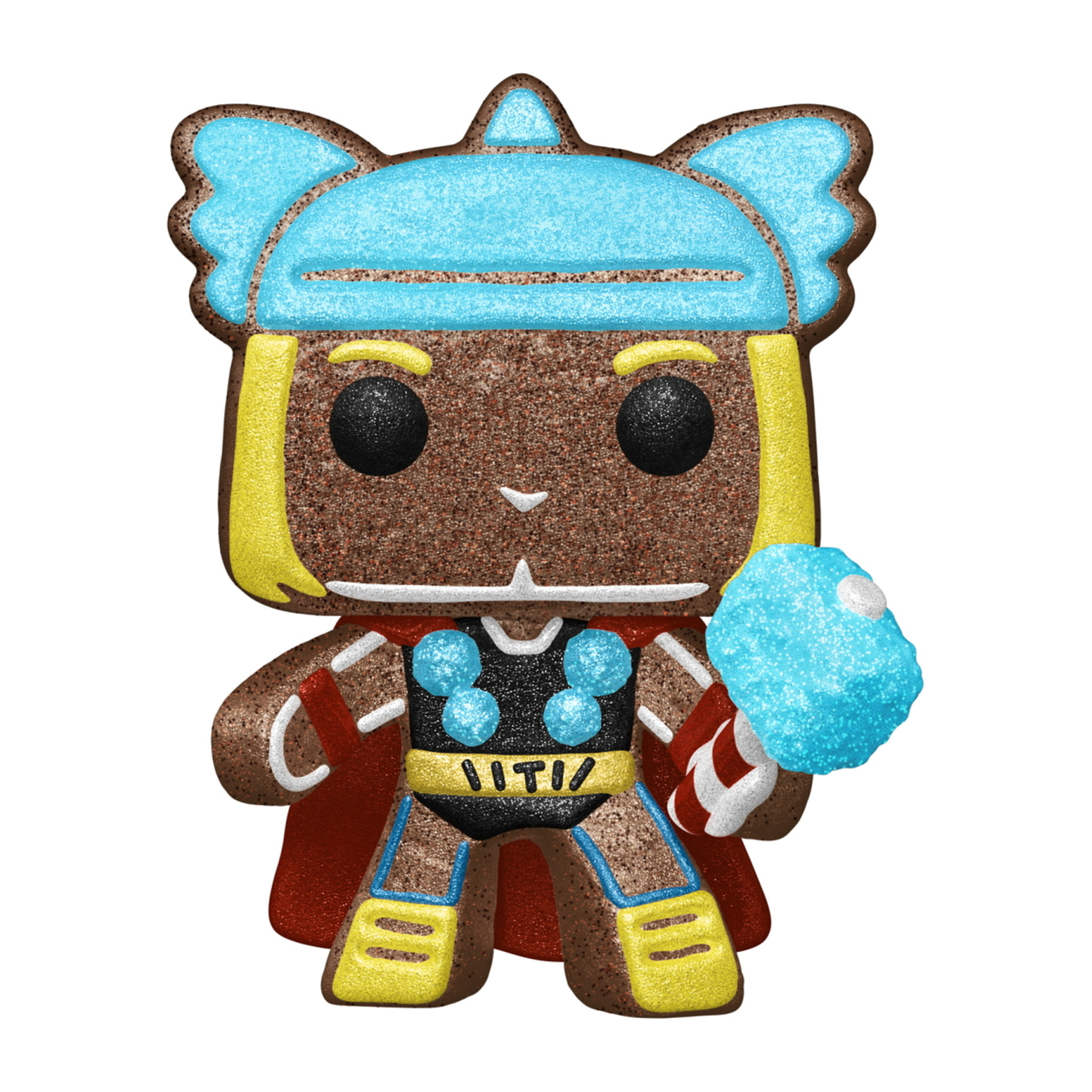 Una figura di pan di zenzero di Thor. È una figura di pan di zenzero con un elmo blu, che tiene un martello.