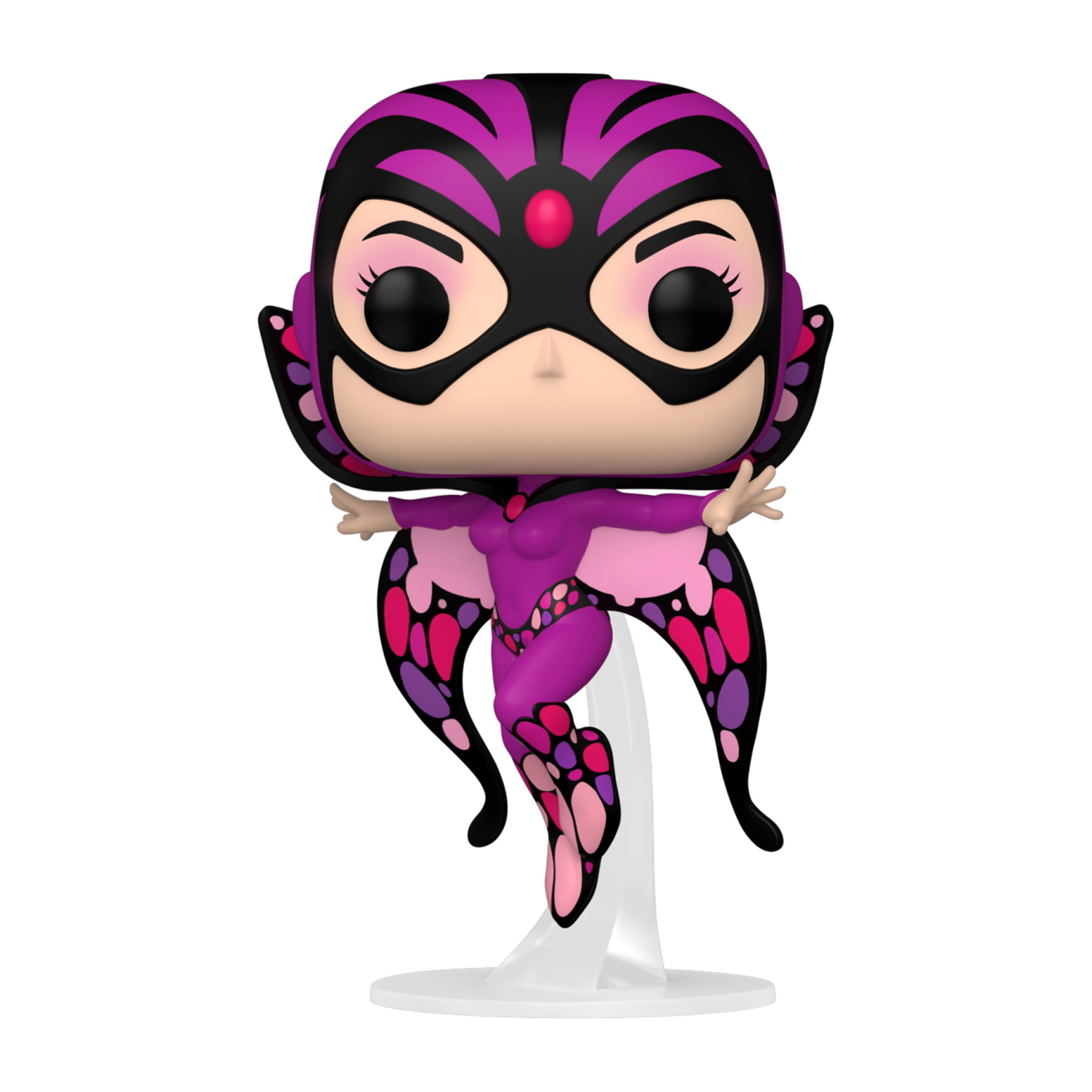 Funko Pop di una supereroina a tema farfalla, in posa dinamica su supporto.
