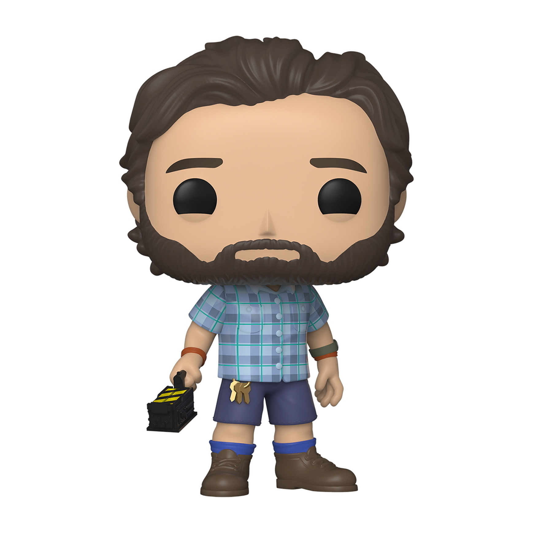 Figura Funko Pop di un uomo con la barba, che tiene in mano un gadget. Indossa pantaloncini e camicia a quadri.