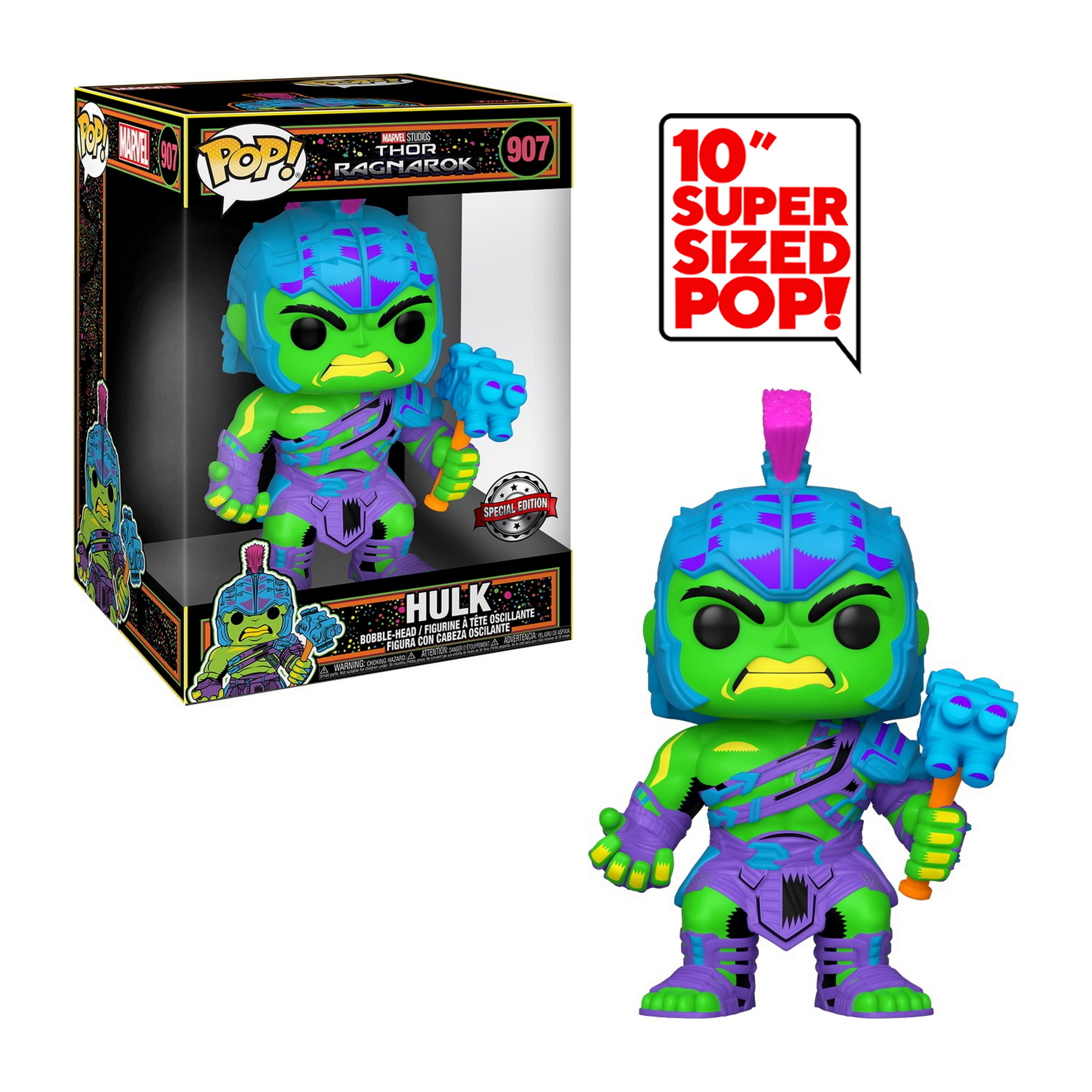 Figura di Hulk Funko Pop in una scatola. Hulk è verde, viola e blu.