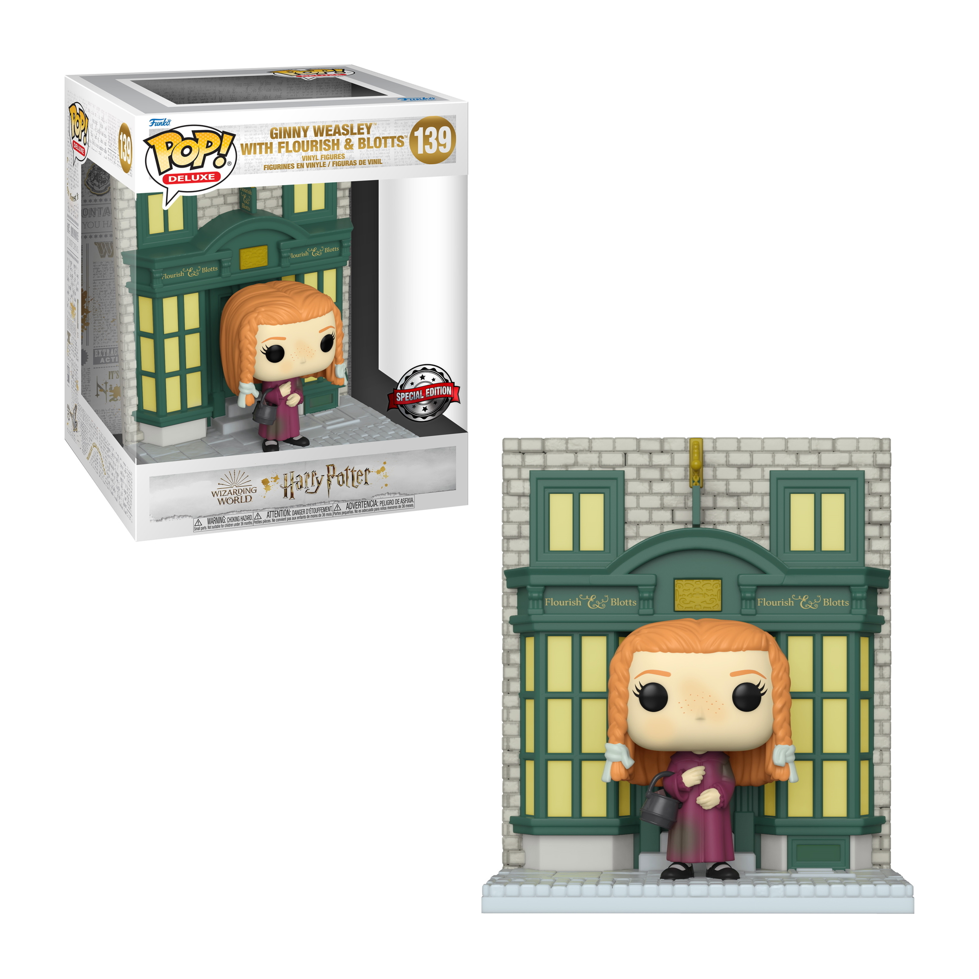 Figura Funko Pop di Ginny Weasley con facciata Flourish & Blotts e scatola. Capelli rossi, cappotto viola.