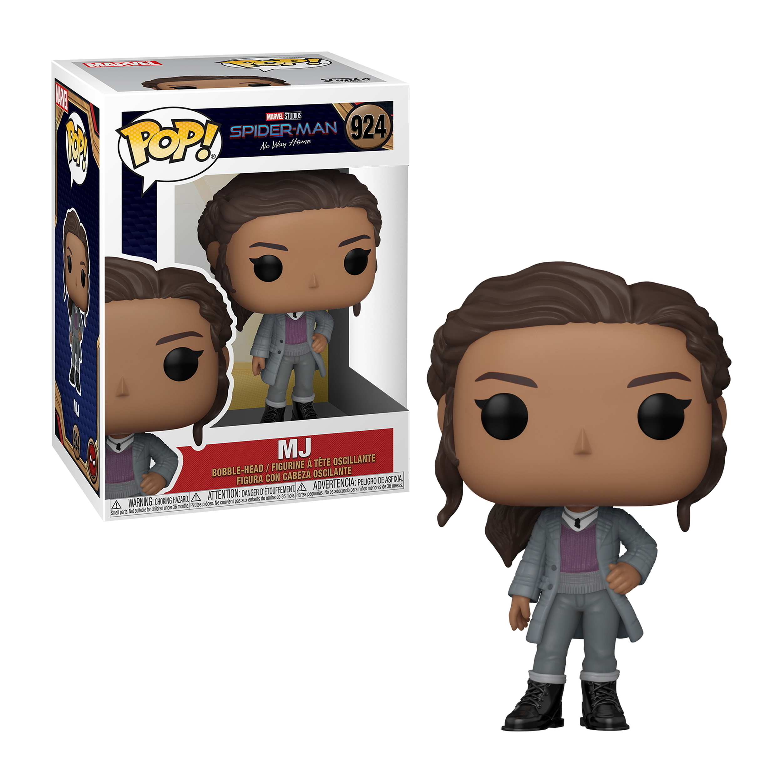 MJ Funko Pop Figur in der Box. Die Figur trägt einen grauen Mantel und einen lila Pullover.