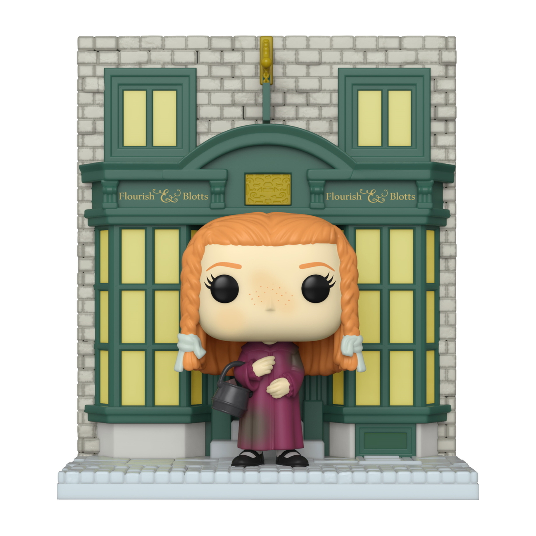 Una figura Funko Pop di una ragazza dai capelli rossi davanti a un negozio chiamato Flourish & Blotts.