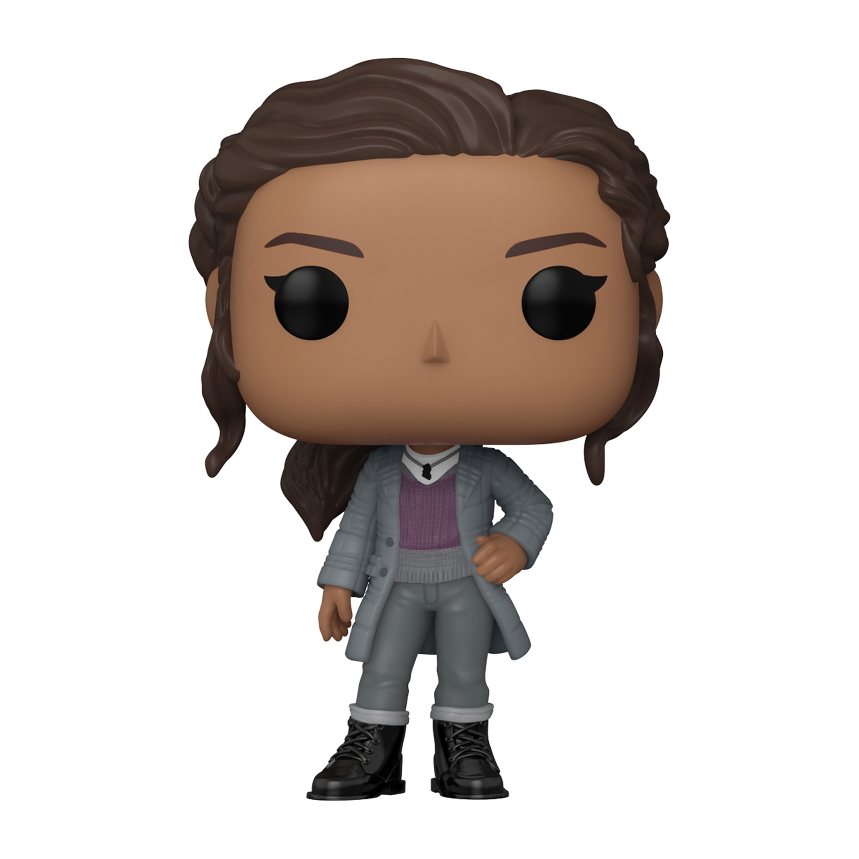 Funko Pop Figur einer Frau mit Mantel, Pullover und Stiefeln. Weißer Hintergrund.