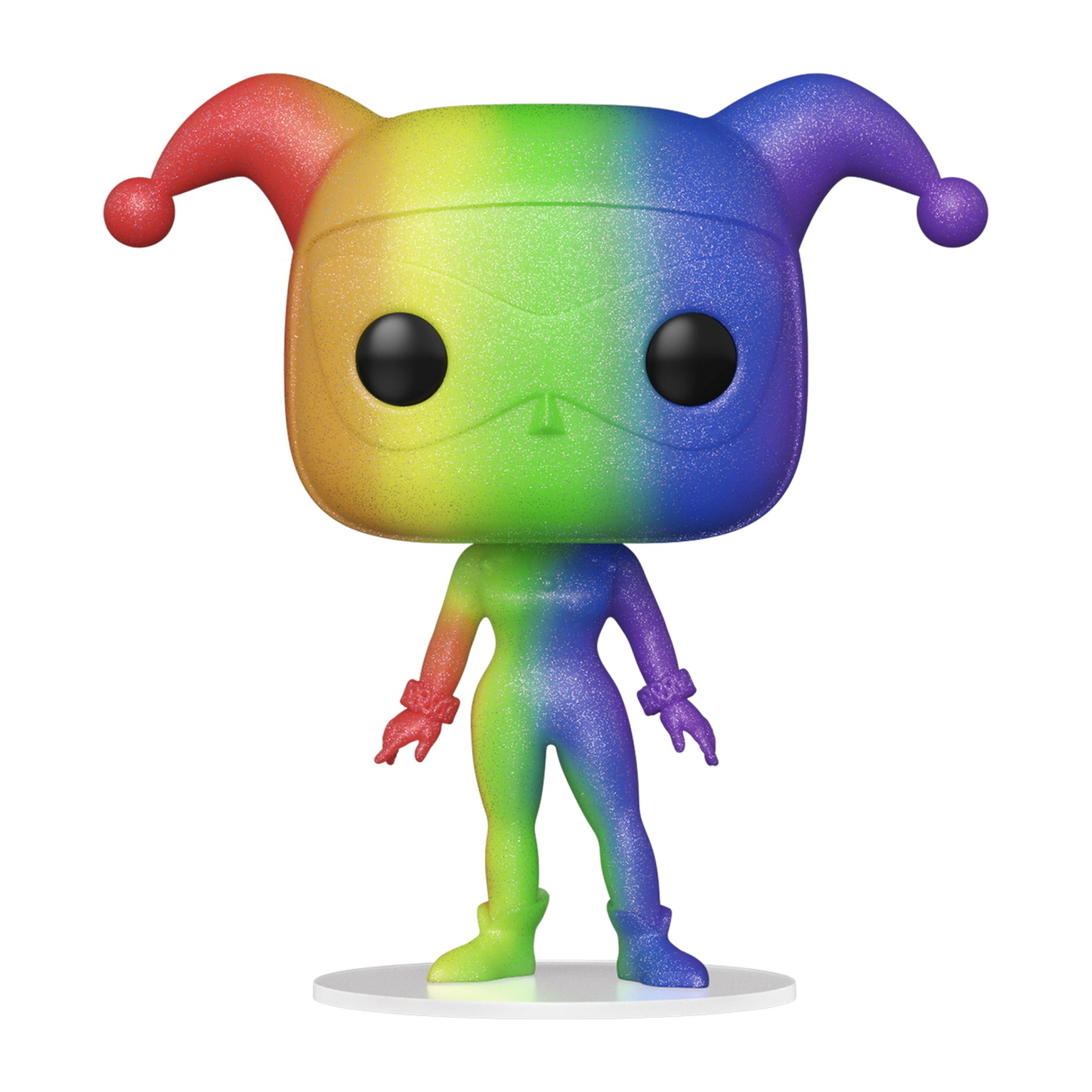 Figura Funko Pop di Harley Quinn nei colori dell'arcobaleno, in piedi su una base bianca, su bianco.