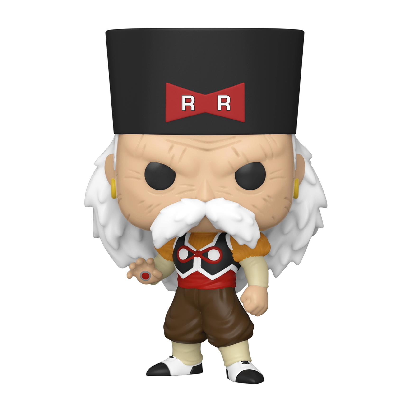 Una figura Funko Pop di Android 19. È una statuina di un vecchio con cappello e logo RR.
