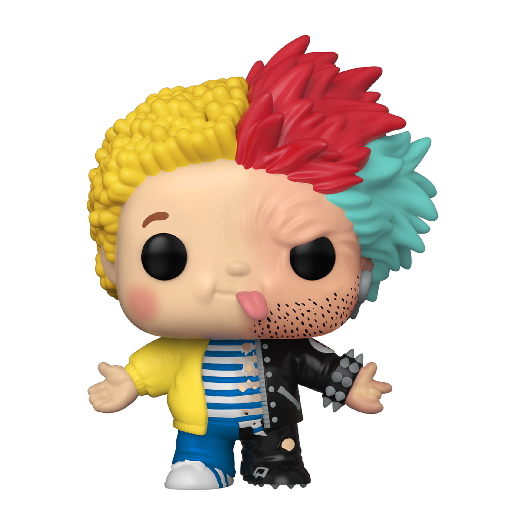 Funko Pop Figur, geteiltes Gesicht. Gelbe und blaue Haare, rote und schwarze Kleidung.