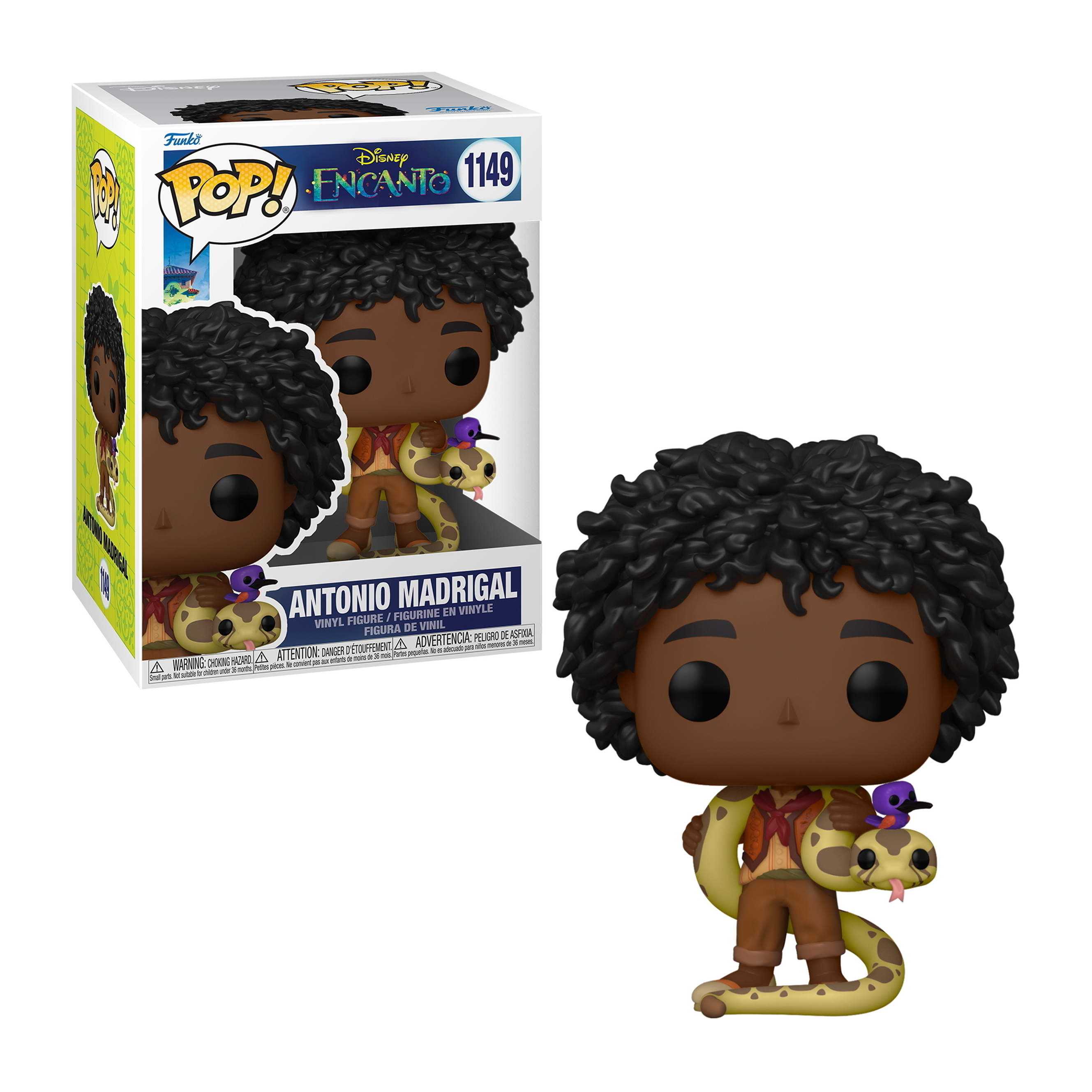 Figura Funko Pop de Antonio Madrigal con una serpiente, en su caja, sobre fondo blanco.