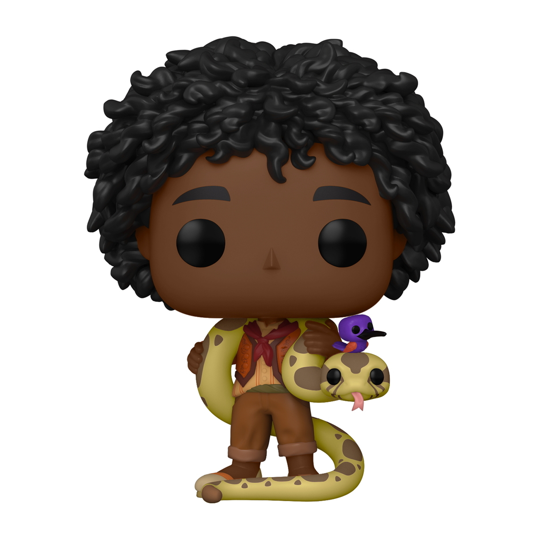 Figura Funko Pop de un niño de pelo negro con una serpiente amarilla, pájaro en el hombro.