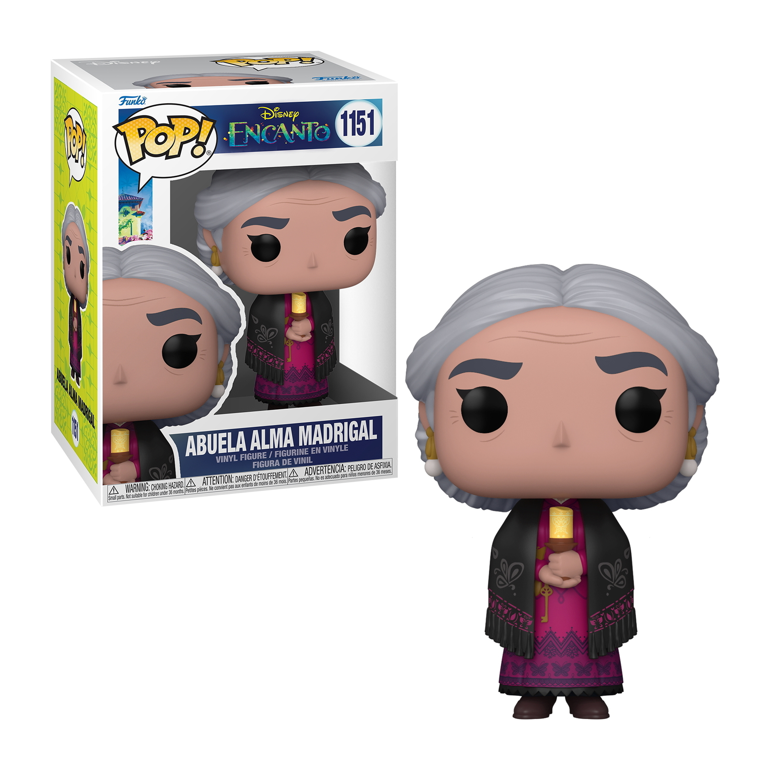 Figura Funko Pop! de Abuela Alma Madrigal de Encanto, con caja y figura exhibida.