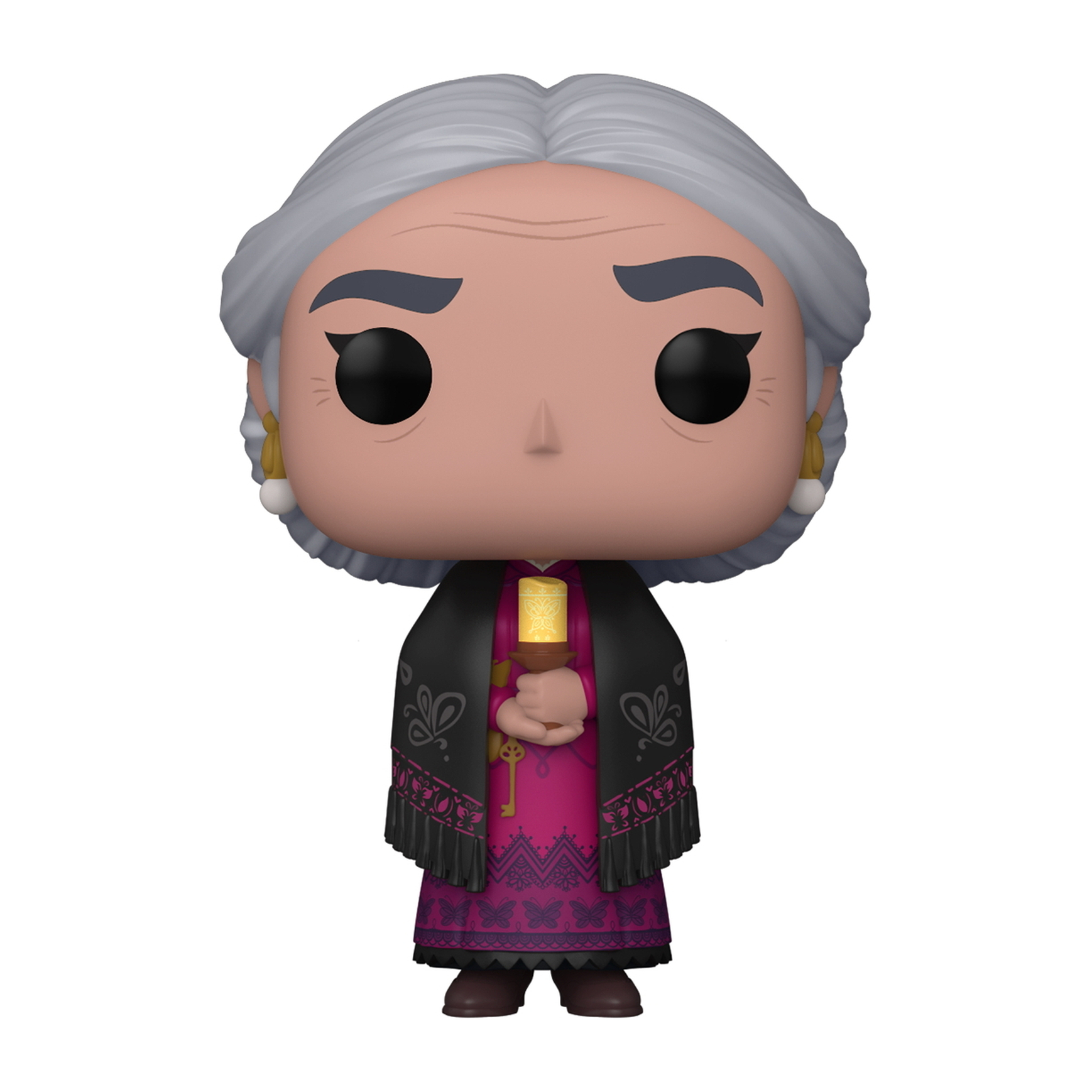 Figura Funko Pop de una anciana de Encanto, sosteniendo una vela y una llave.