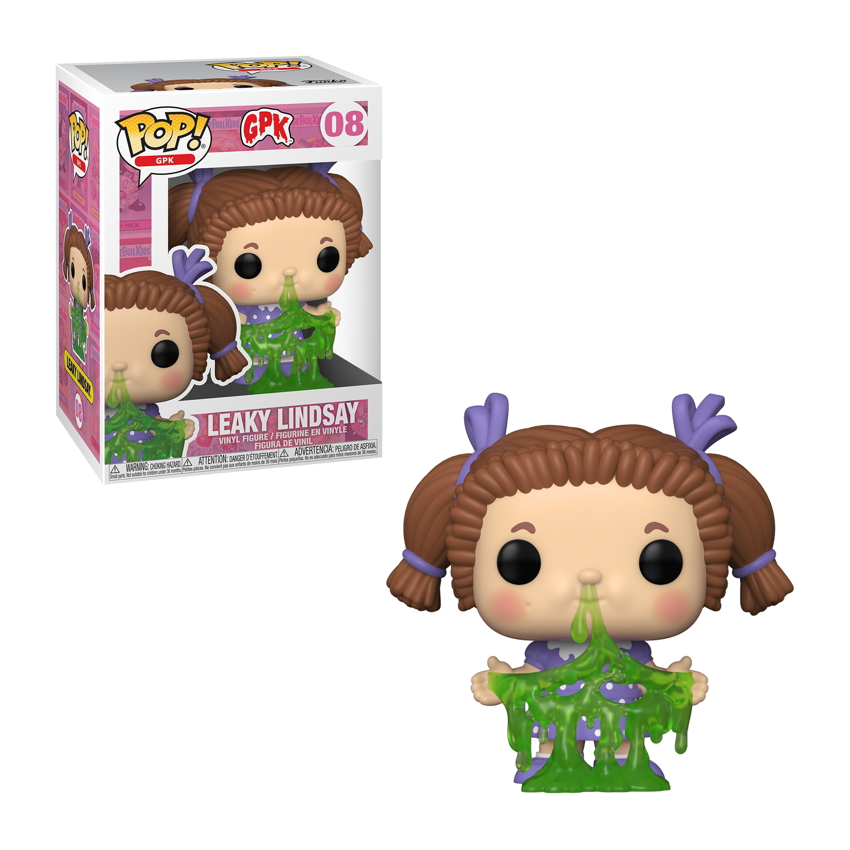 Funko Pop Figur von Leaky Lindsay. Weiße Box mit Bild. Grünes Schleimdetail. Cartoon-Stil.